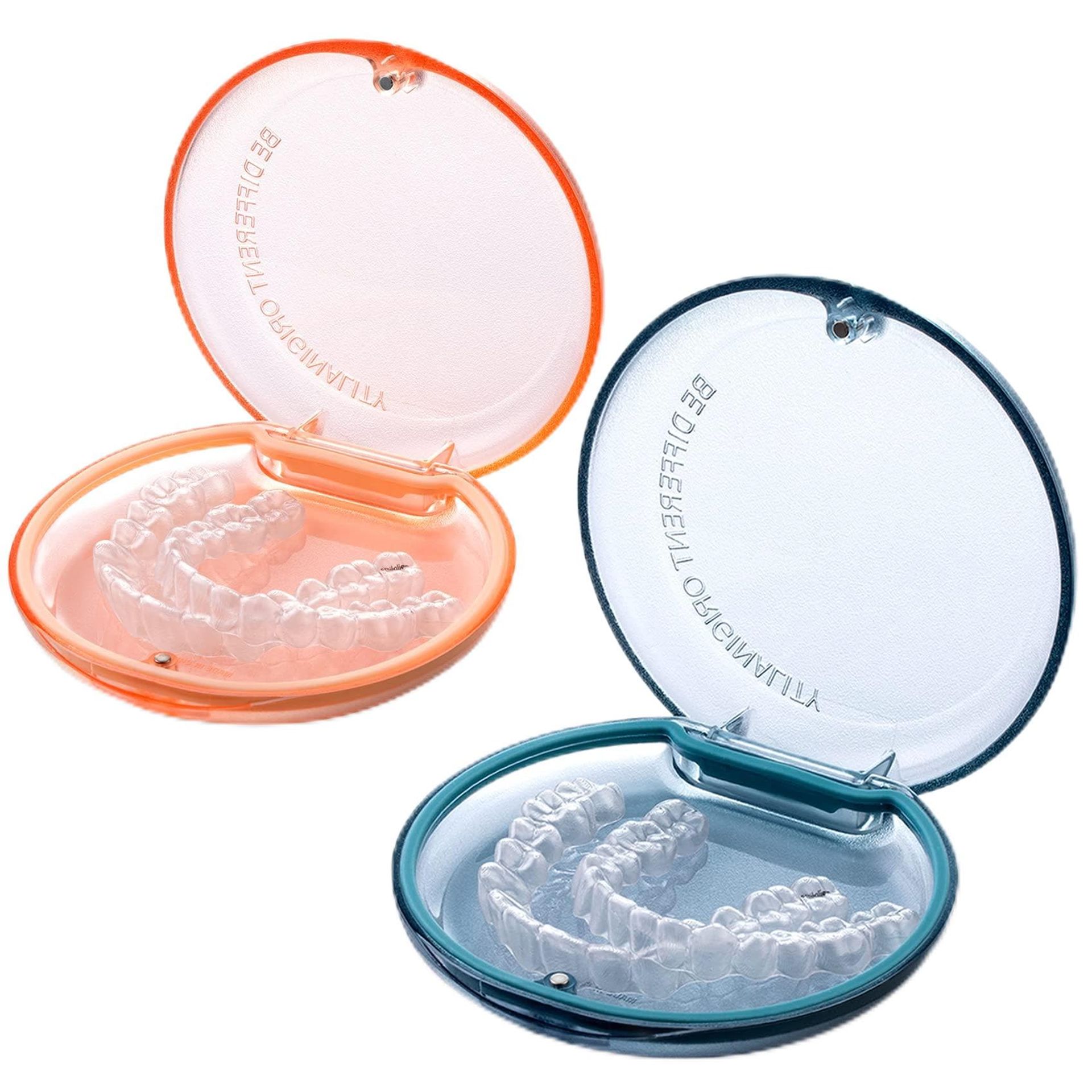 Portable Retainer Case with Magnetic Closure, Slim Aligner Holder for Travel, 2-Pack Blue & Pink for All Ages