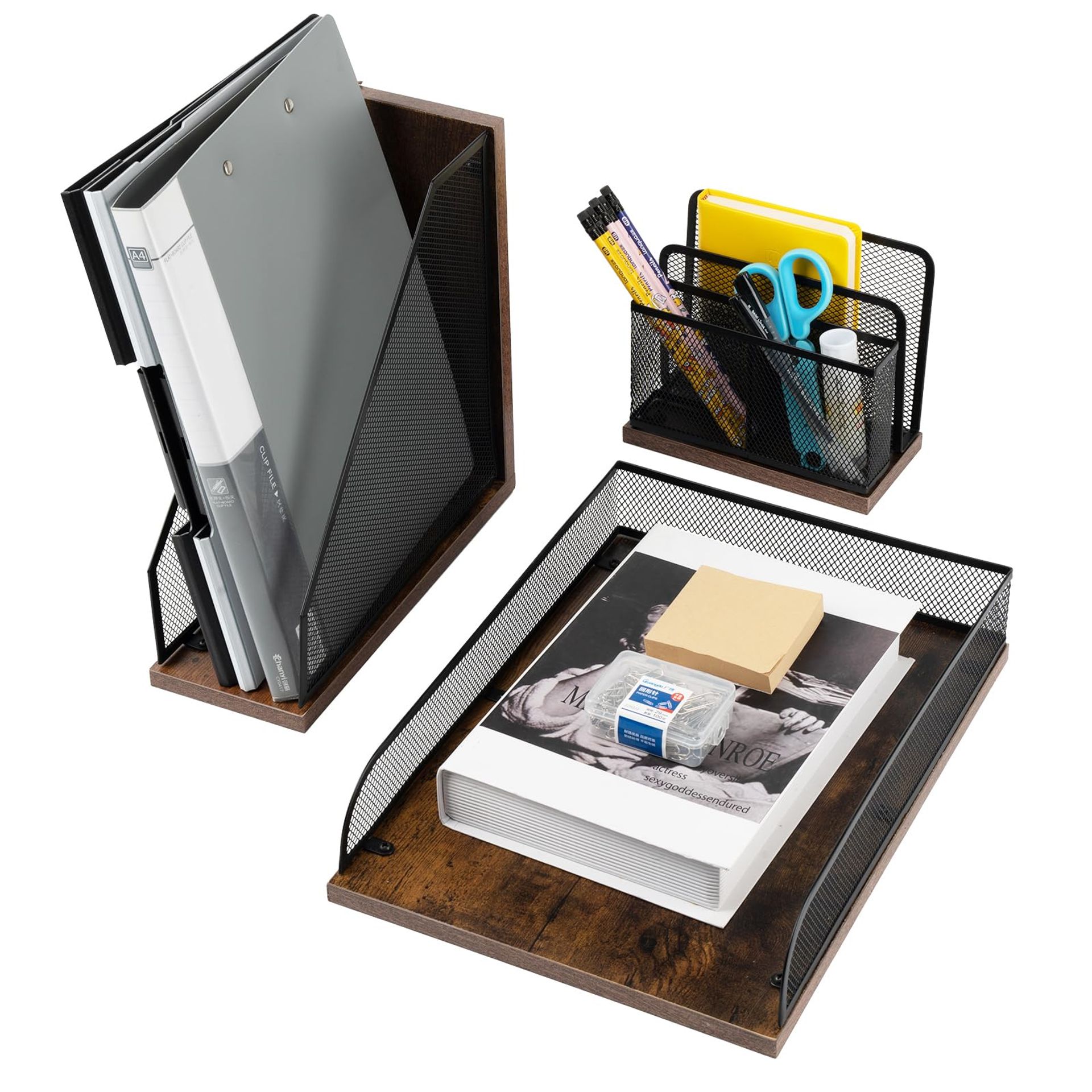Vintage Wood & Mesh 3-Piece Desk Organiser Set - Letter Tray, Magazine Holder, Pen Holder