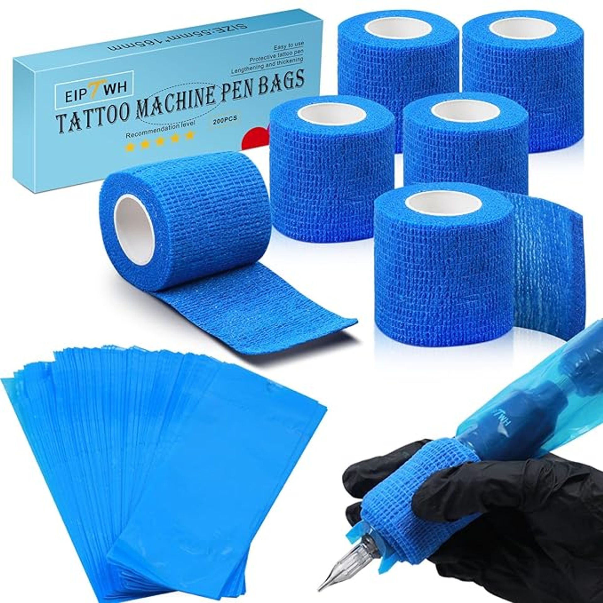 200PCS Blue Tattoo Pen Covers & 6PCS Grip Tapes - Essential Tattoo Artist Supplies