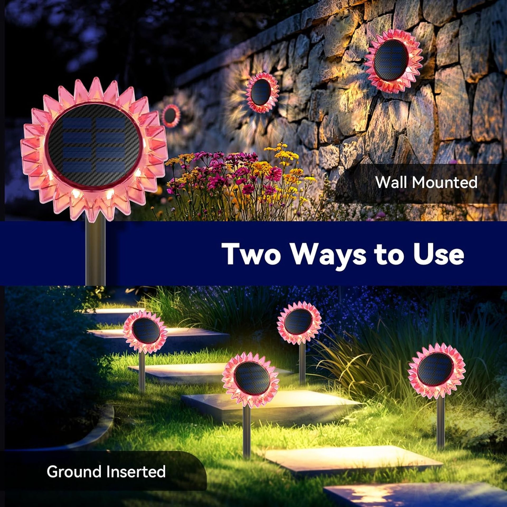 Solar Sunflower Garden Lights 4 Pack, IP67 Waterproof Outdoor LED Pathway & Fence Decoration