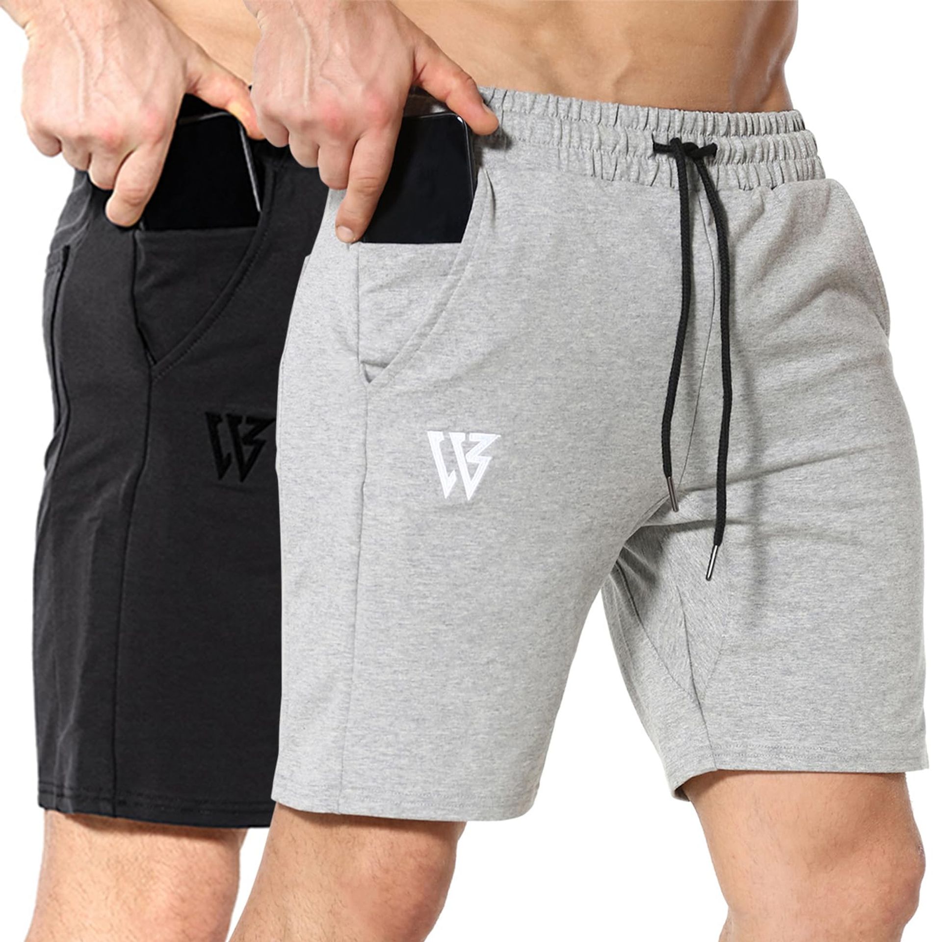 Men's Cotton Gym Shorts 2 Pack Running Fitness Sportswear with Zip Pockets - Black/Light Grey S