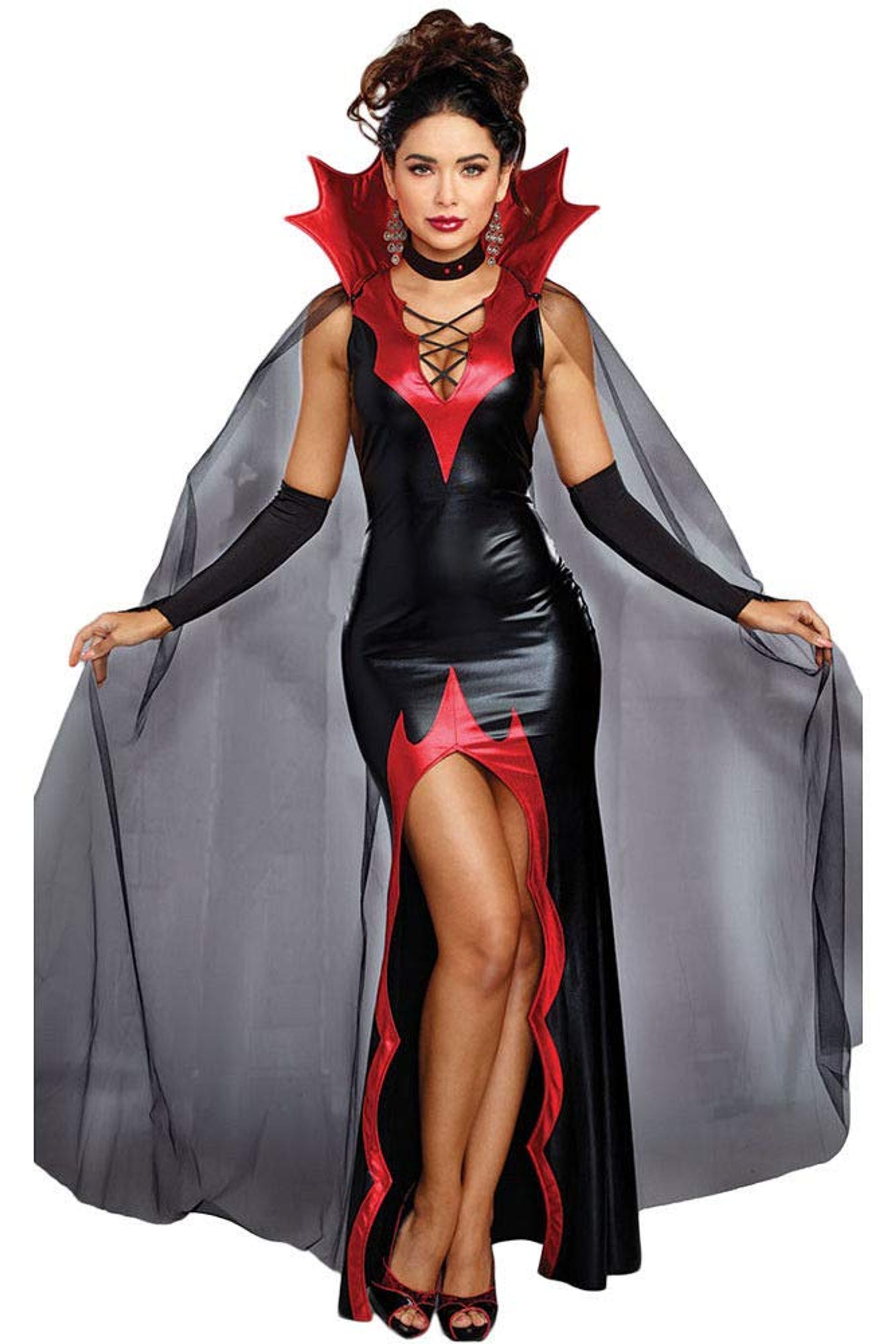 Ladies Deluxe Vampire Costume with Dress, Cape, Gloves & Choker – Halloween Fancy Dress UK 12