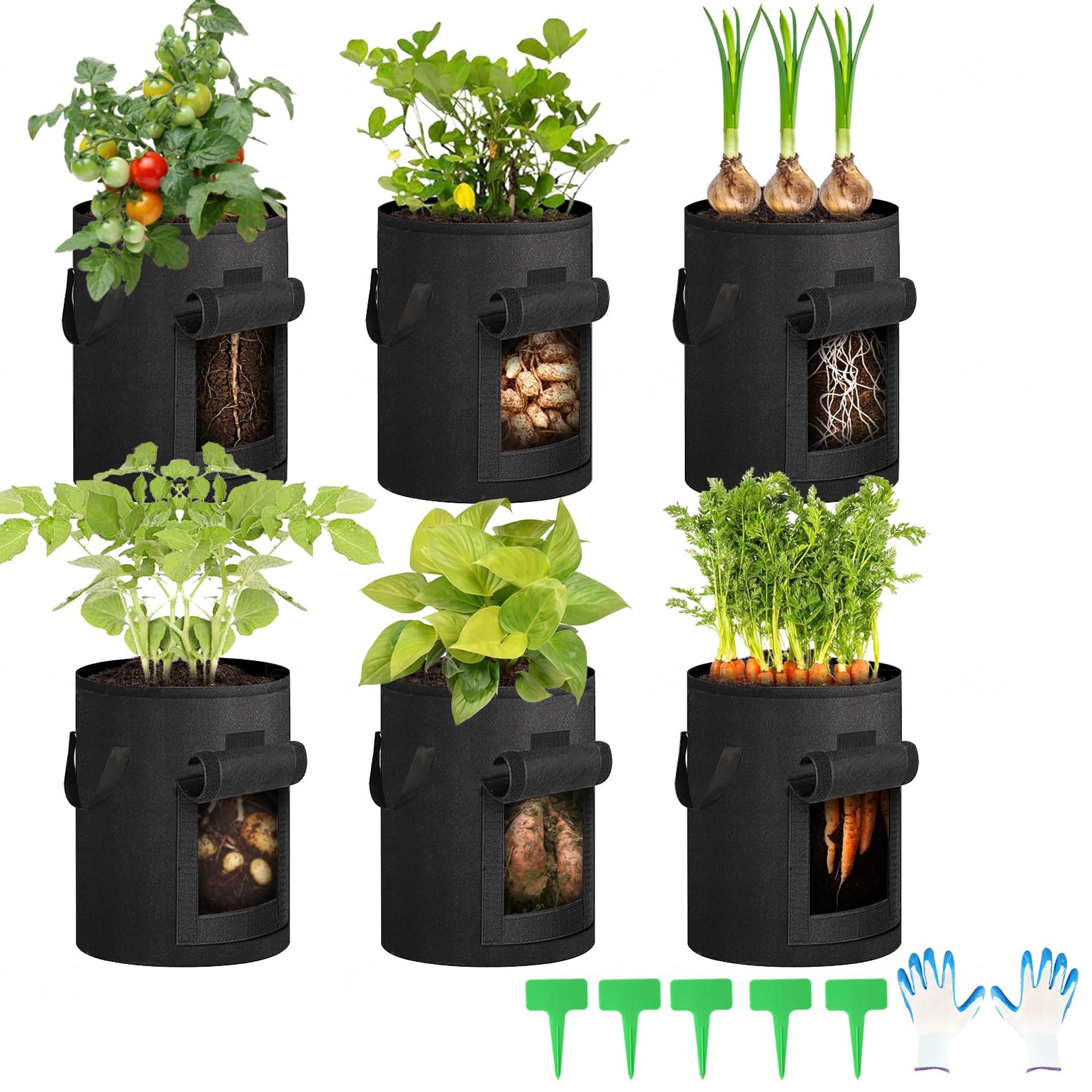 Potato Growing Bags with Harvest Window 5 Pack Breathable 12 Gallon Planters for Vegetables and Fruits - Black 35*40cm