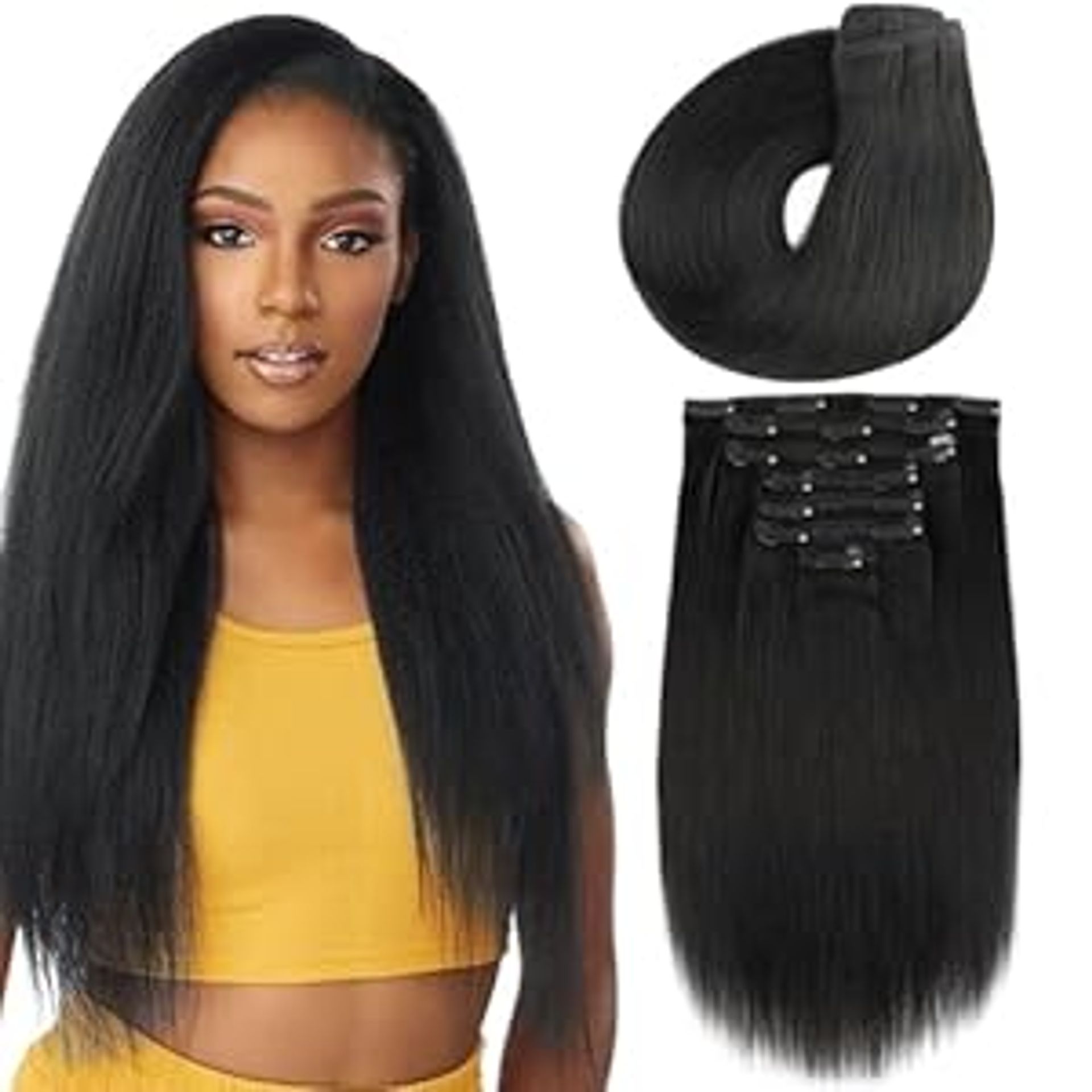 Yaki Human Hair Clip-in Extensions Double Weft Full Head for Natural Look - Natural Black 24 Inch