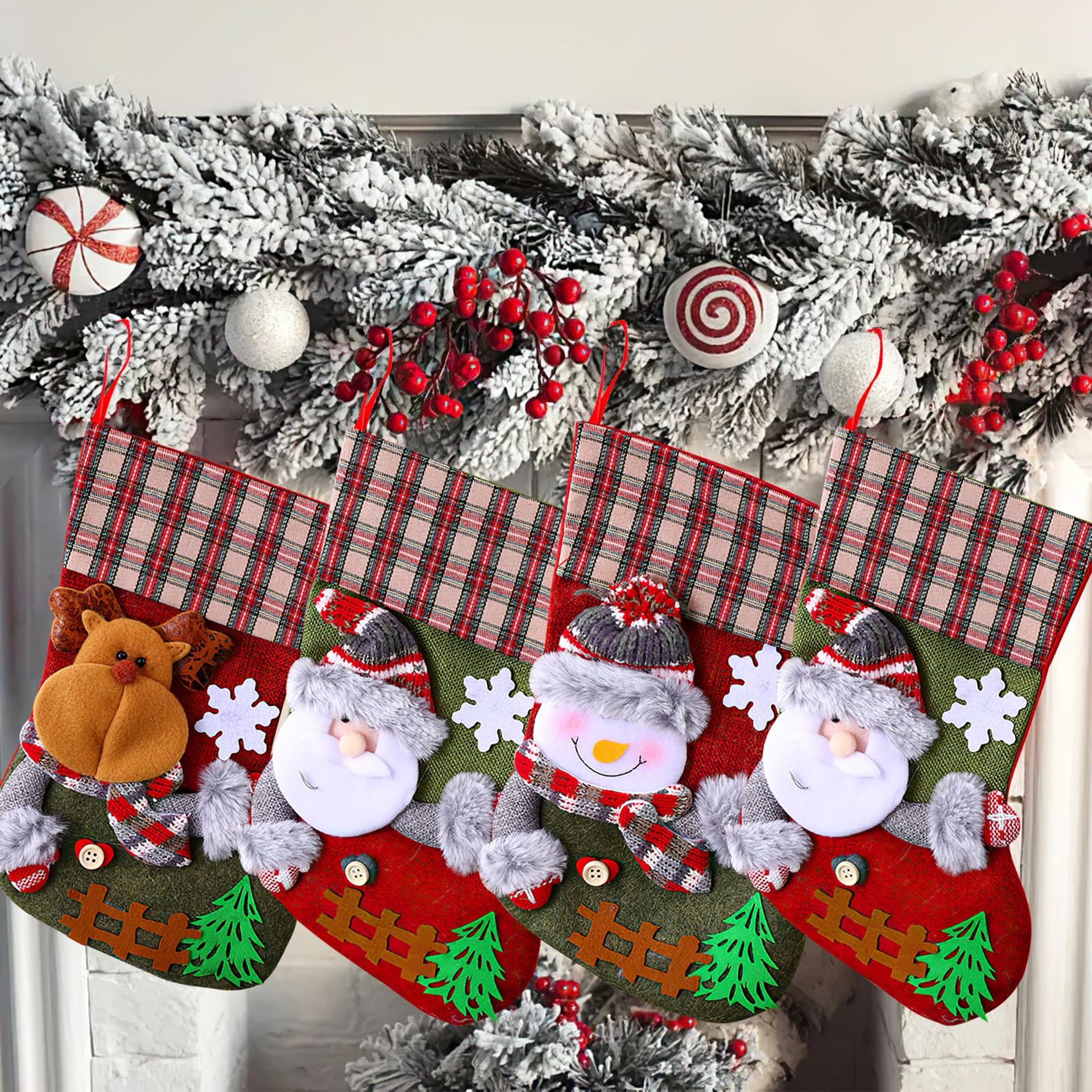 Wellehomi 4PCS Large Green Christmas Stockings for Family Festive Fireplace Decor