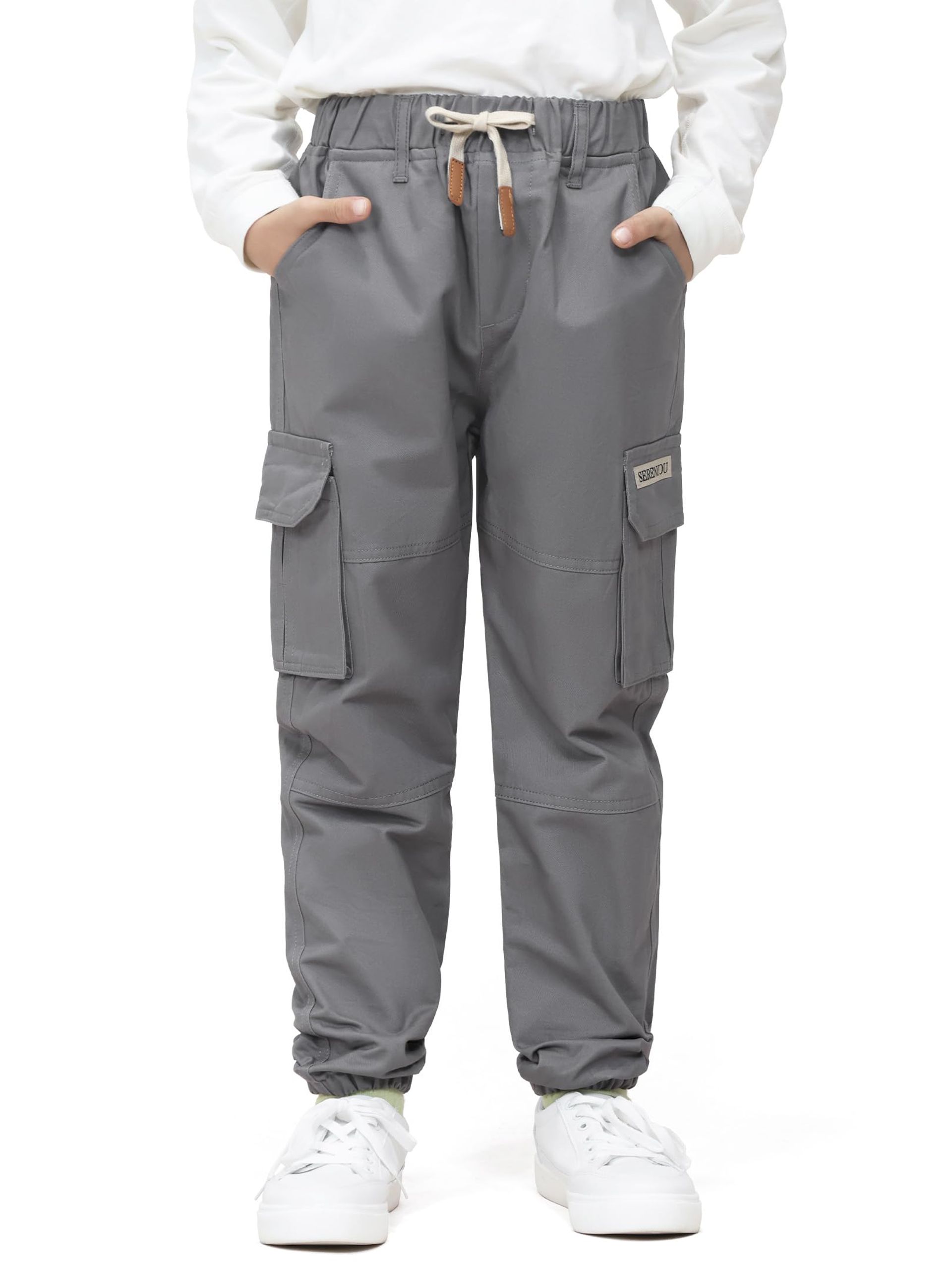 Boys Cargo Trousers Elastic Waist Multi-Pocket Jogger Pants Durable Cotton - Grey 5-6 Years