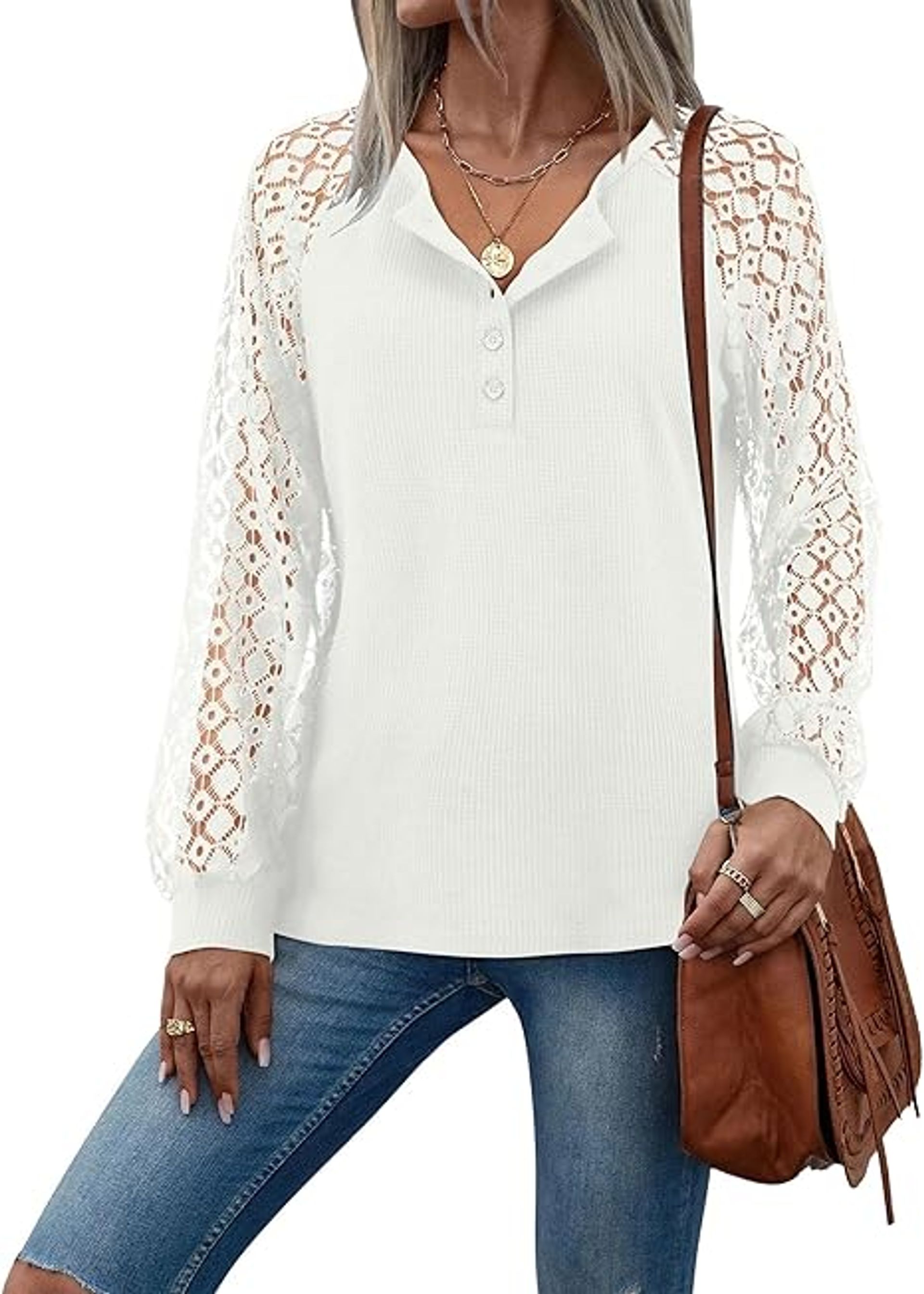 Women's Long Sleeve Lace Top V-Neck Button Front Casual Waffle Blouse - White UK 8-10 - Valentines