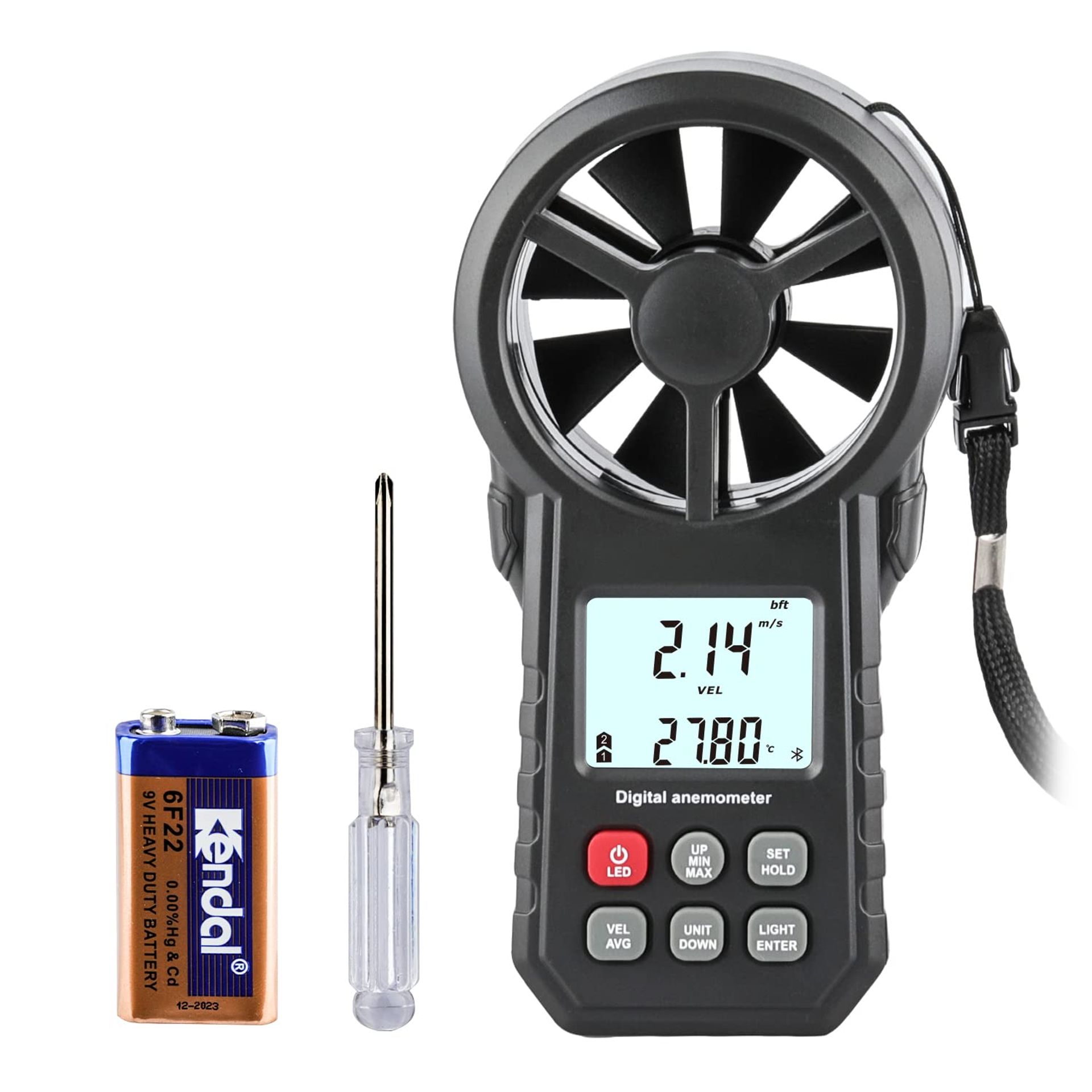 Digital Anemometer Handheld Wind Speed Meter with Temperature and Humidity Sensor USB & Bluetooth Air Flow Gauge for HVAC, Drones, and Outdoor Sports - Black APP Version