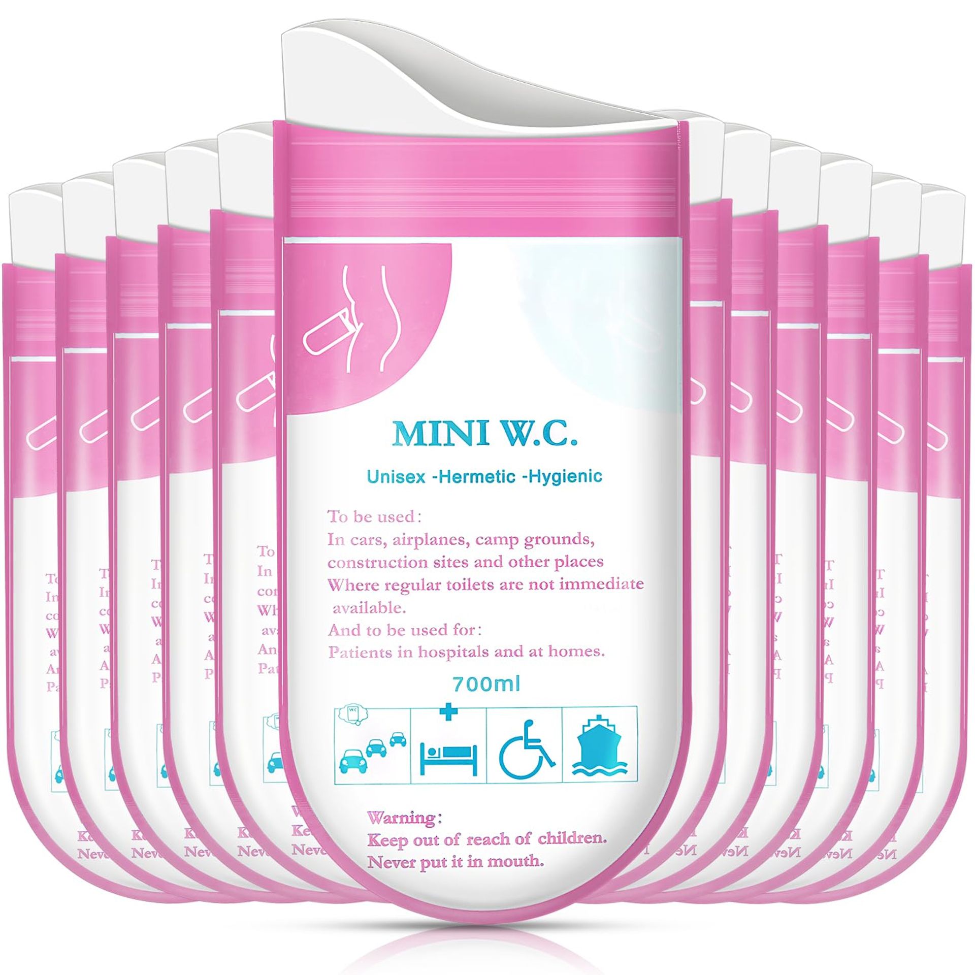 Disposable Urine Bags for Camping, Travel & Emergency Use Leak-Proof Seal 12 Pack - Pink S