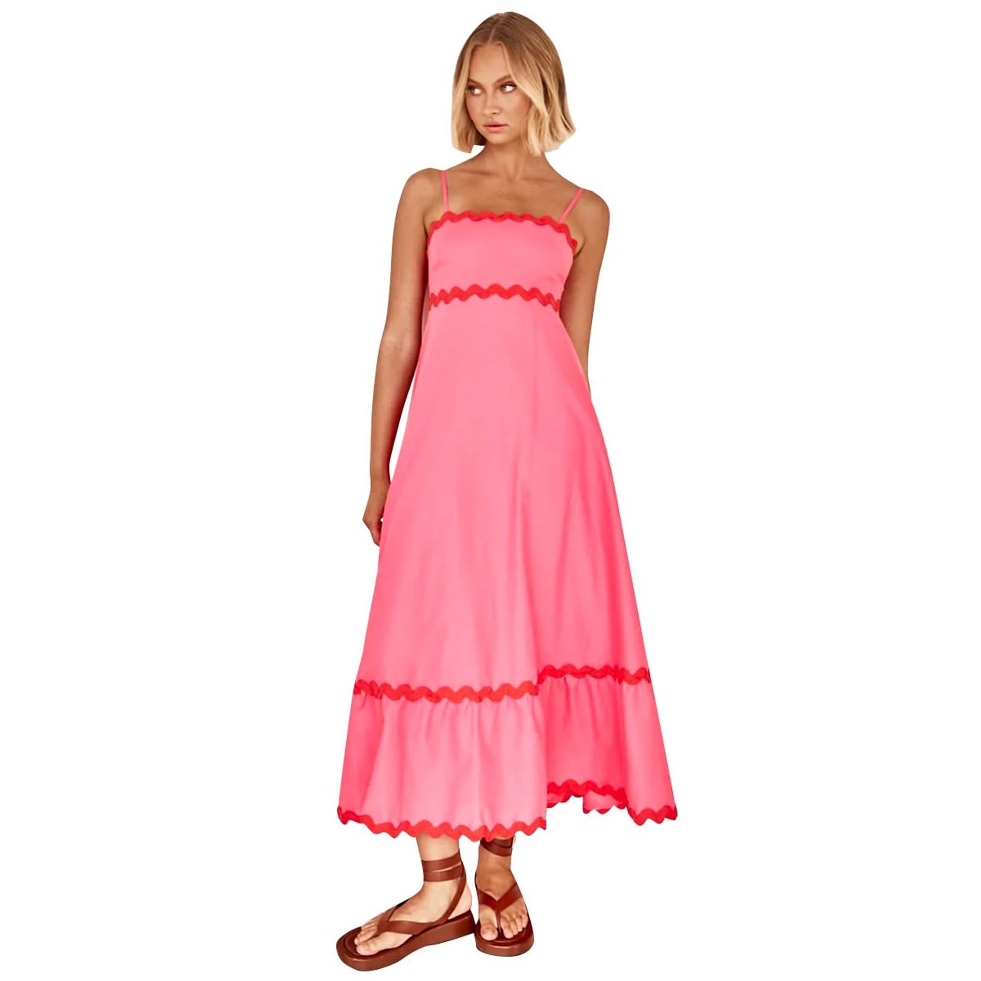 Women's Summer Boho Long Dress Spaghetti Straps Rickrack Trim Flowing A-Line Beach Sundress - Rose L