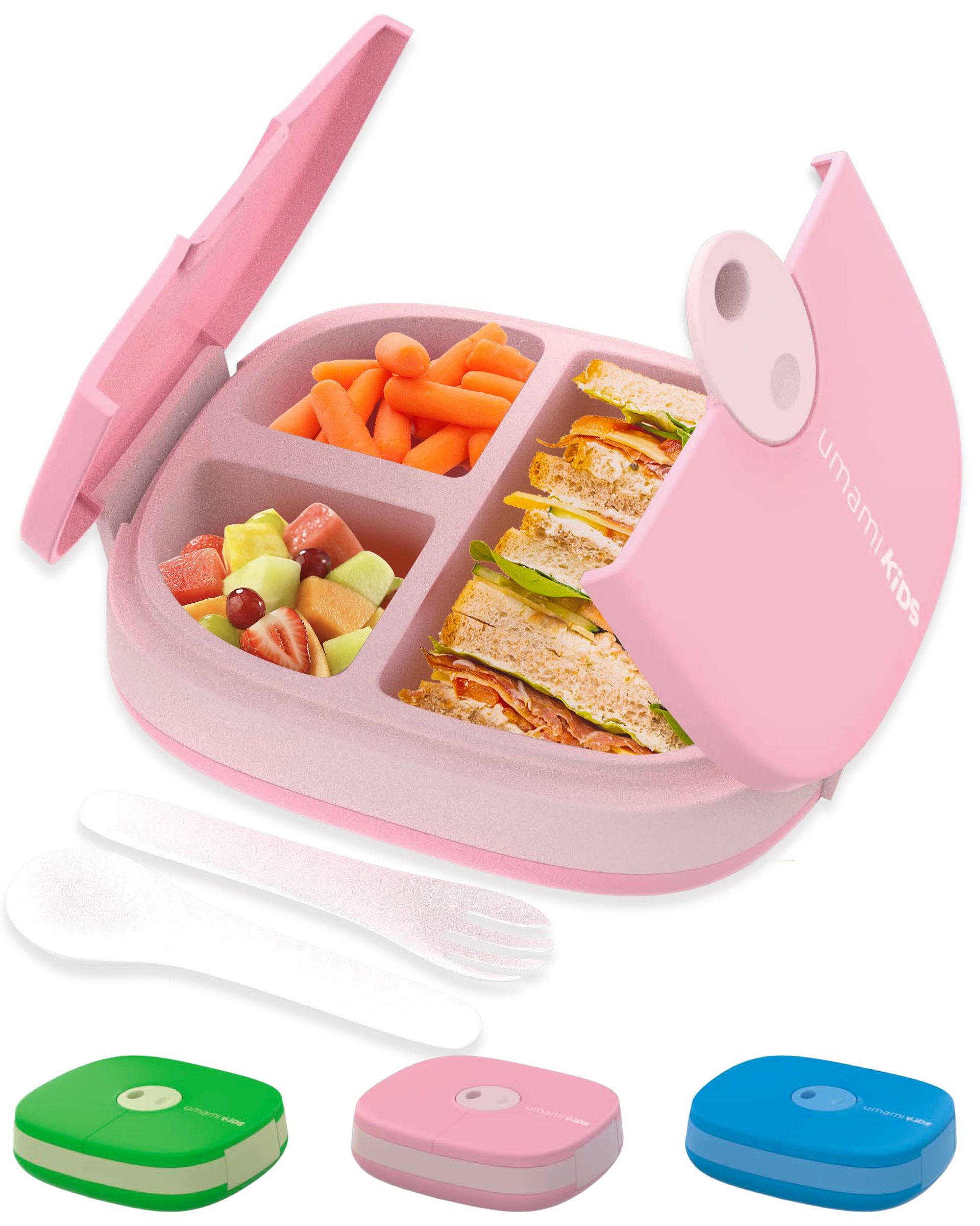 Umami Kids Lunch Box with Cutlery, Leak-Proof, Durable, Bento-Style, 3 Big Compartments, Ideal Portion Sizes for Ages 3 to 9, for Daycare Boys and Girls, BPA-Free, Microwave & Dishwasher Safe (Pink)