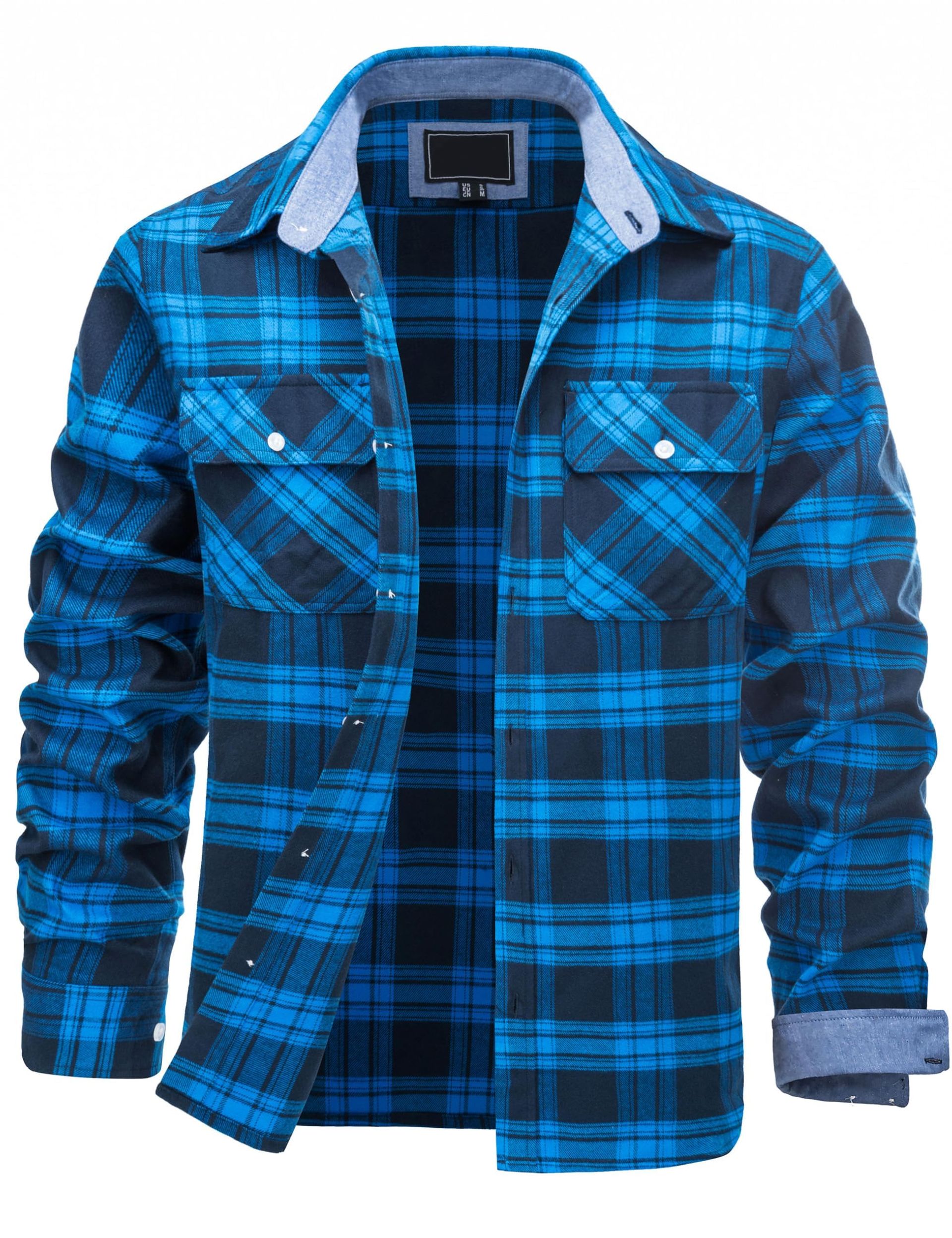 Men's Flannel Check Shirt Long Sleeve Casual Button Down with Pocket - Blue XXL