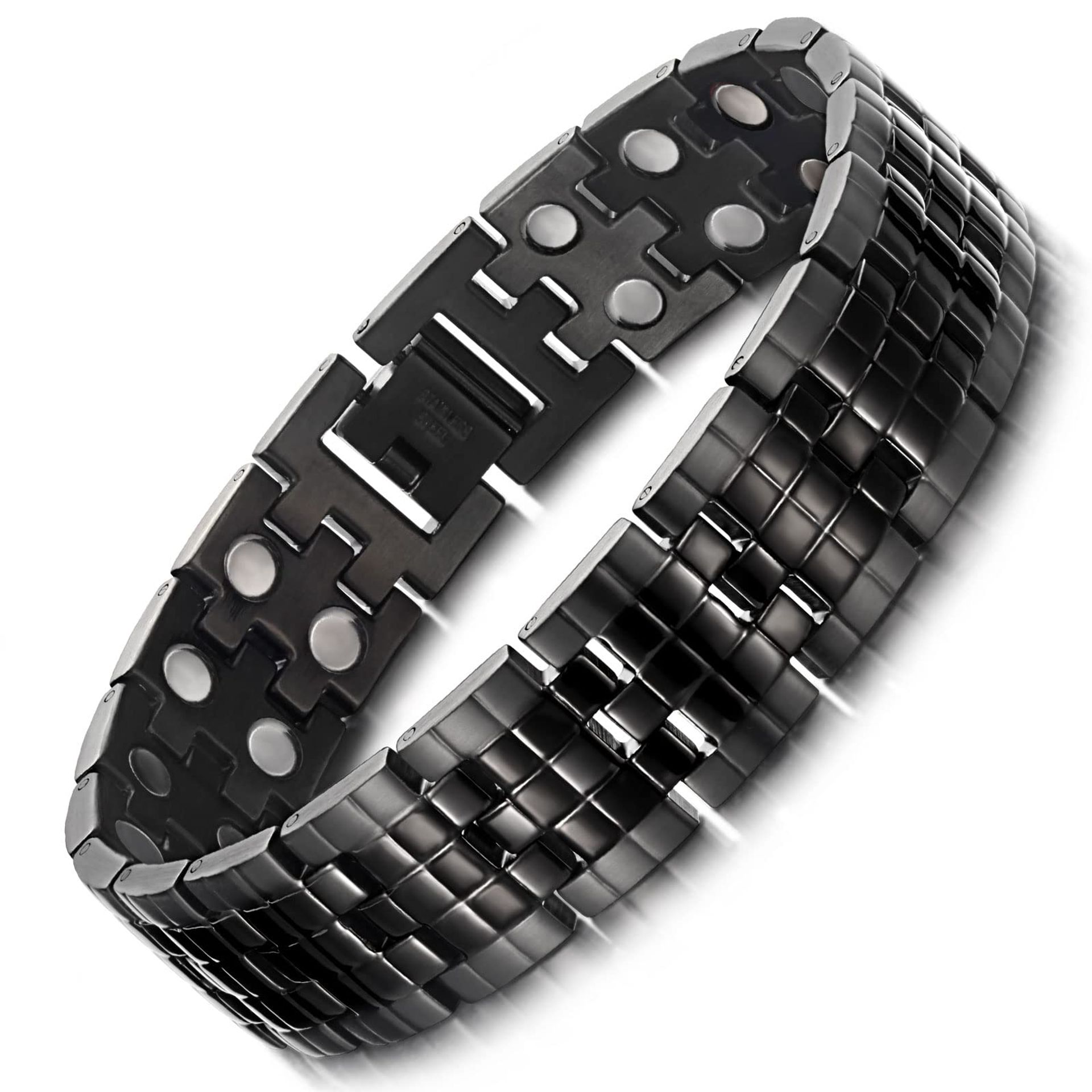 Men's Stainless Steel Magnetic Bracelet Carbon Stripe Hypoallergenic Adjustable with Tool & Gift Box - Black 1 Count