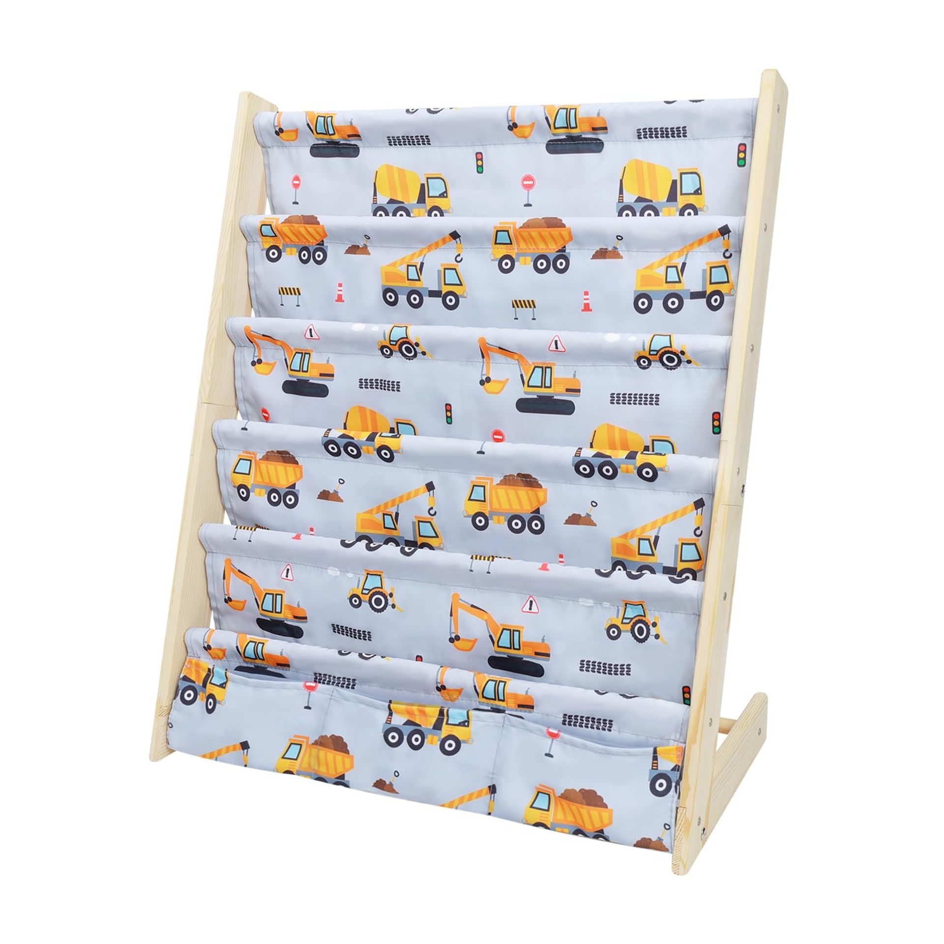 Wooden Sling Children's Bookshelf 5 Tier Storage Organiser with 3 Deep Pockets for Playroom and Nursery - Excavator 63x30x73 cm