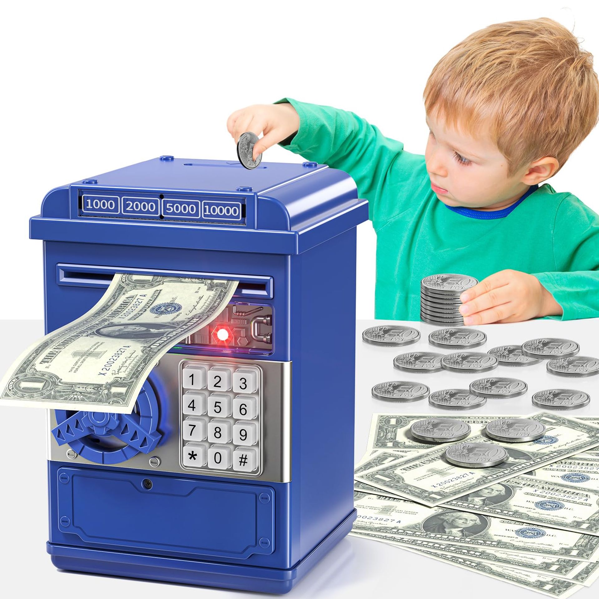 Electronic Piggy Bank for Kids Ages 3-8, Blue Mini ATM Money Safe Box with Password