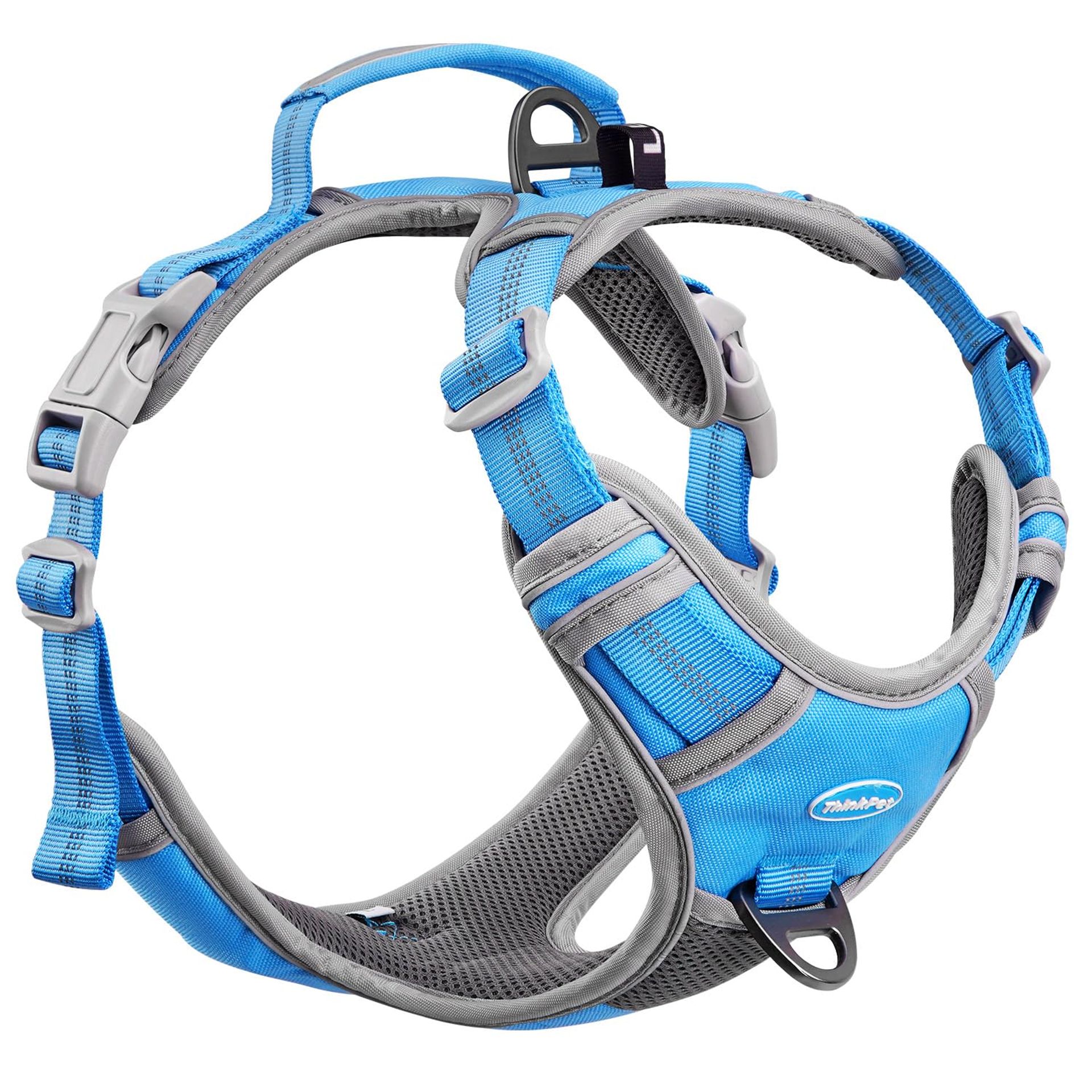 No Pull Dog Harness Breathable Reflective Adjustable Design with Handle, Front & Back Clip - Sky Blue L