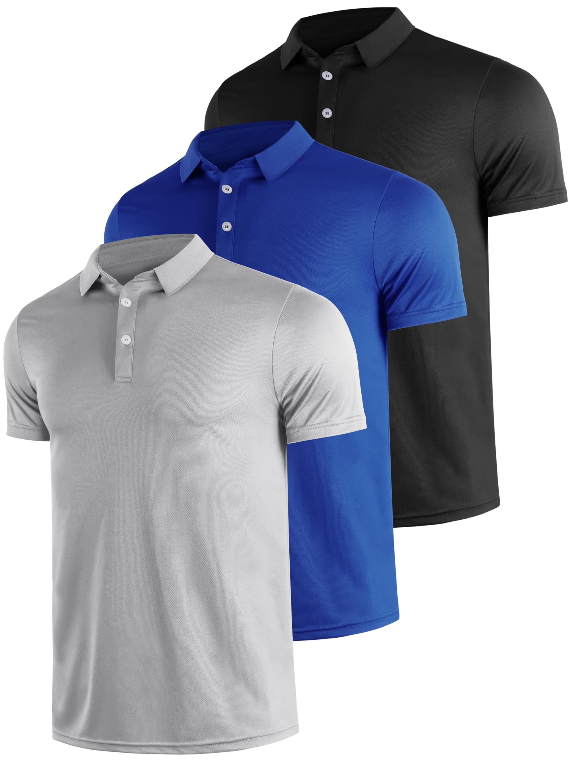 Men's Polo Shirts 3 Pack Quick-Dry Breathable Moisture-Wicking Polyester Tops for Golf Work Casual - Grey/Navy Blue/Black M