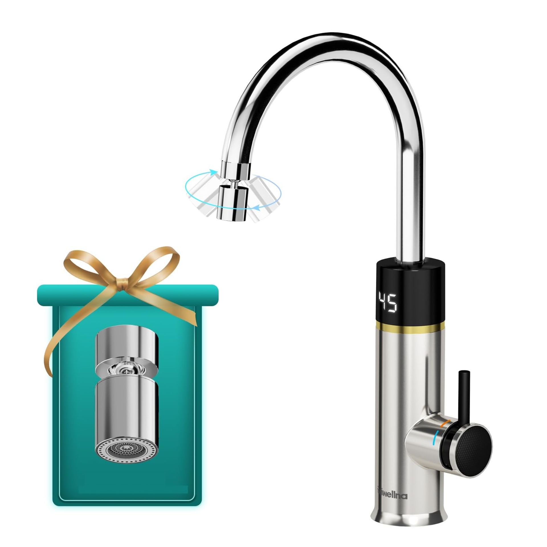 Electric Instant Hot and Cold Water Heater Tap 220V Digital Display 360° Swivel Kitchen Faucet - Silver KM91-PRO