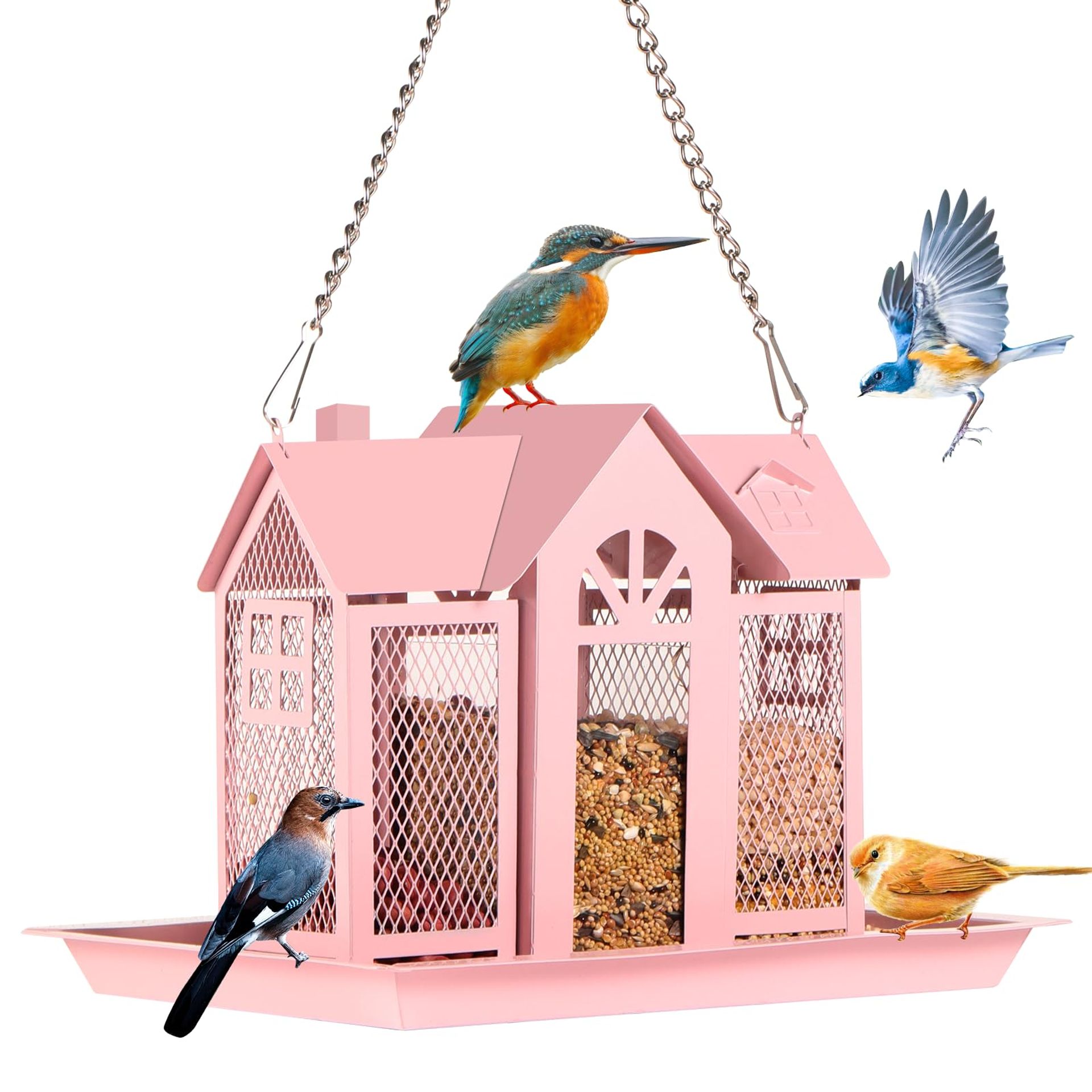 Squirrel Proof Metal Hanging Bird Feeder Large Capacity with Roof and Perch for Gardens and Patios - Pink