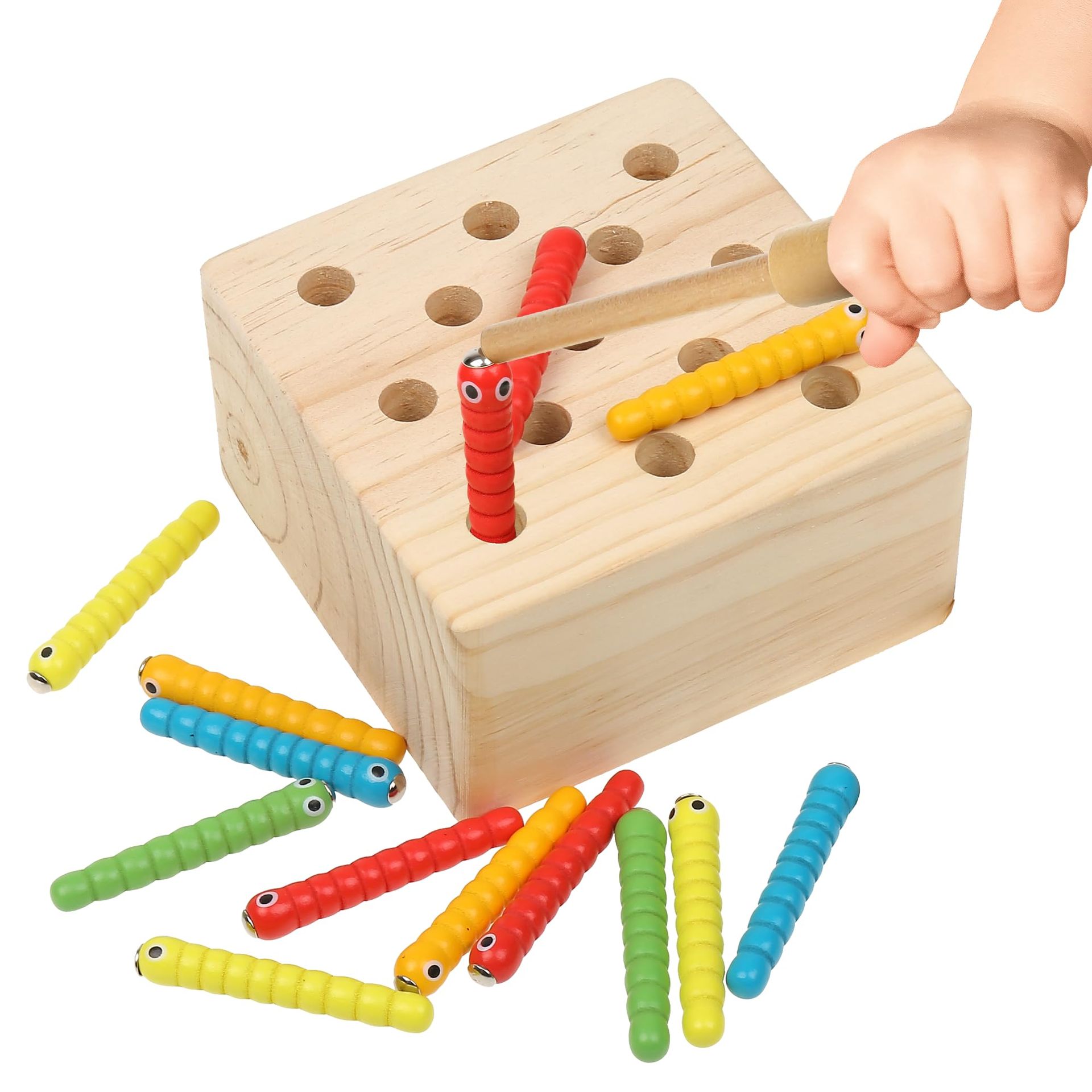 Wooden Montessori Toys for Toddlers, Fine Motor Skills Game, Magnetic Worm Catching for Kids 3+