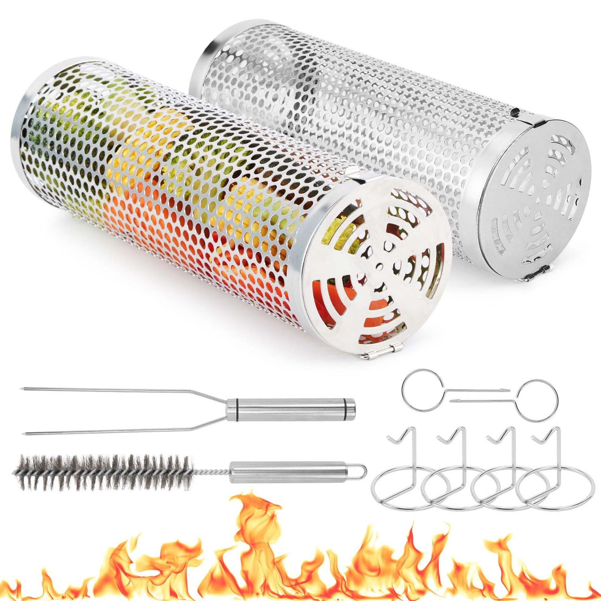 Rolling Grill Basket Set 2-Pack Stainless Steel Cylinder with Locking Clasp Mesh for Outdoor Barbecue - Silver 12in