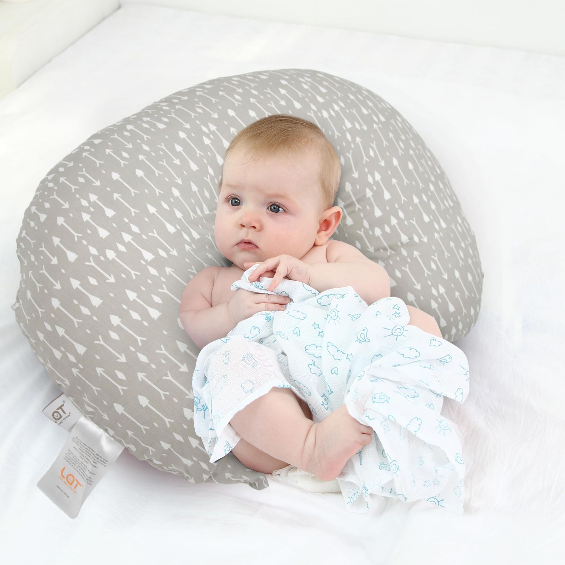 Nursing Pillow for Breastfeeding Baby 100% Cotton U Shape Washable Maternity Support Cushion - Grey Arrow One Size