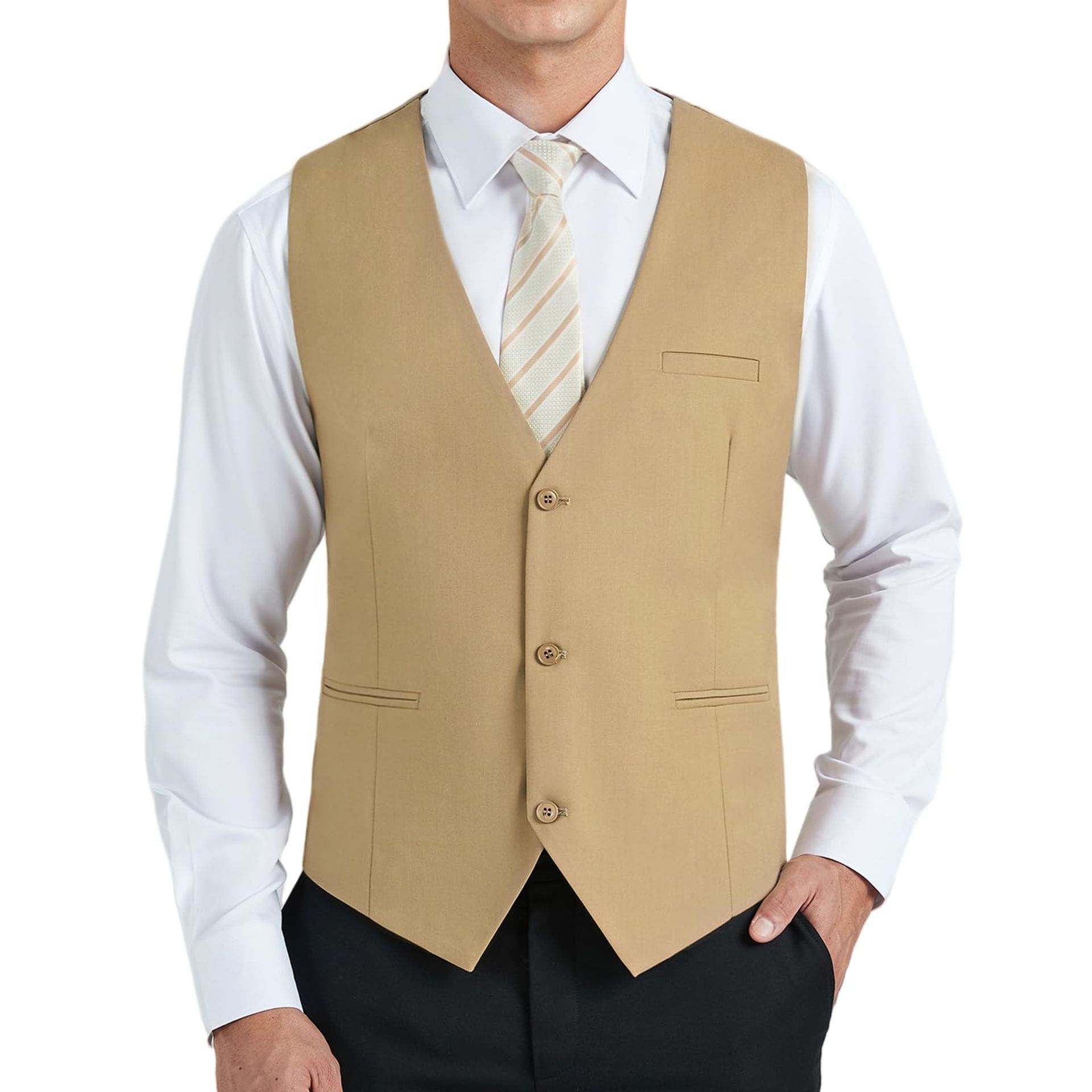 Men's Formal Waistcoat V-Neck 3-Button Cotton Suit Vest with Adjustable Back - Beige S