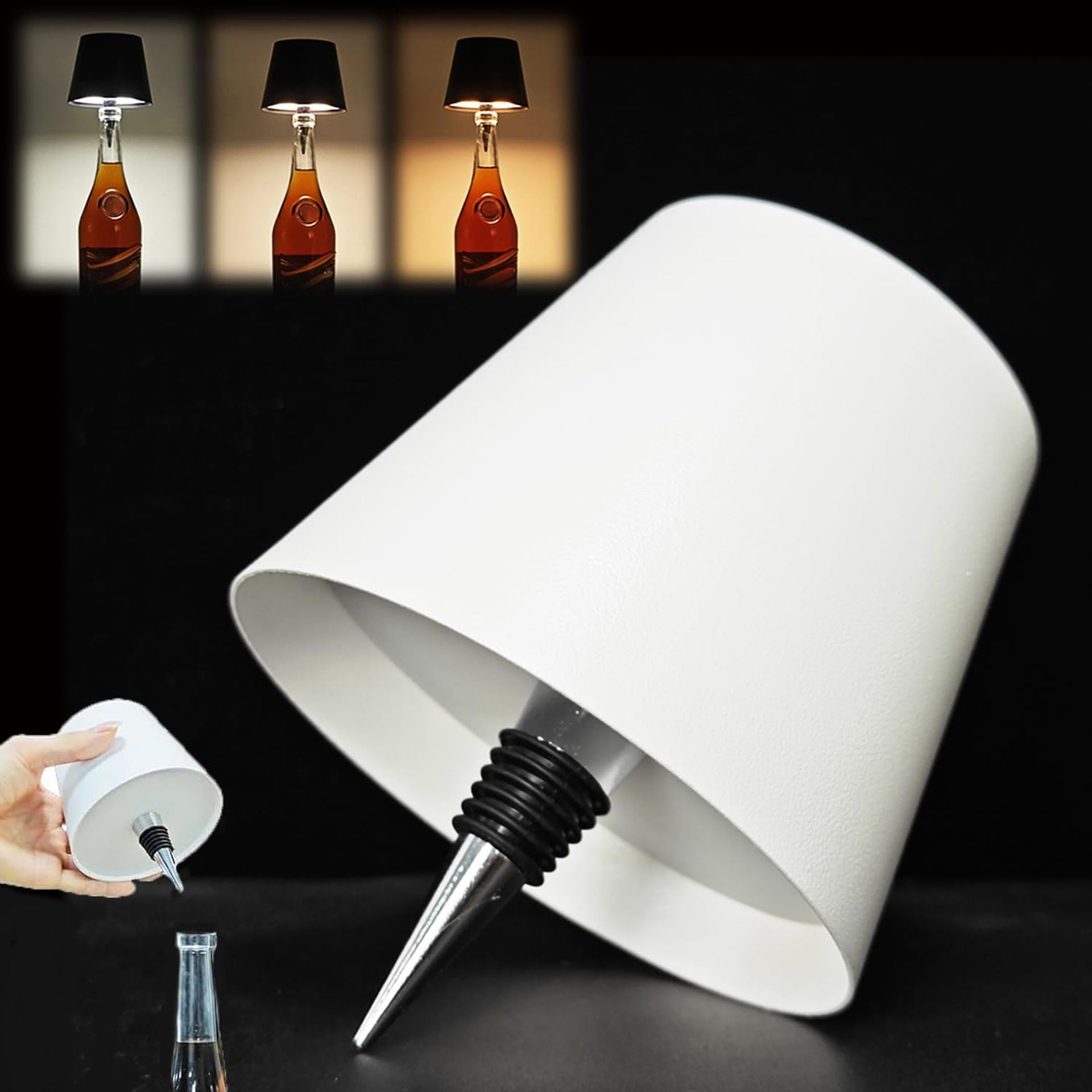 3-Colour Stepless Dimming Wireless Bottle Lamp, Rechargeable LED Wine Bottle Lamp - White