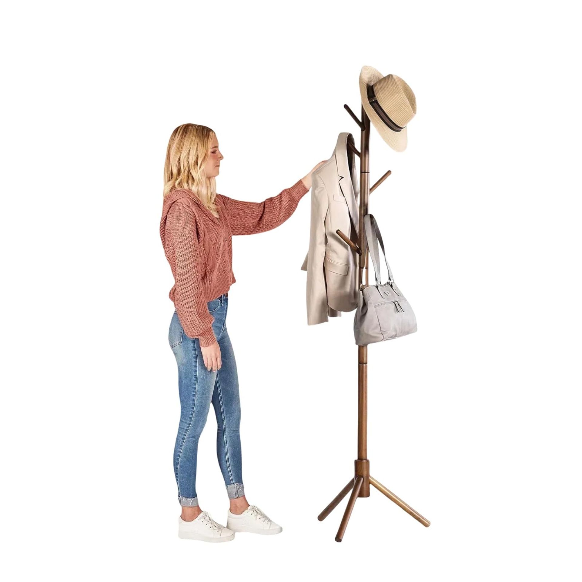 Freestanding Coat Rack Solid Wood with 6 Hooks Adjustable Height Coat Tree for Hallway, Bedroom or Office - Vintage Wood