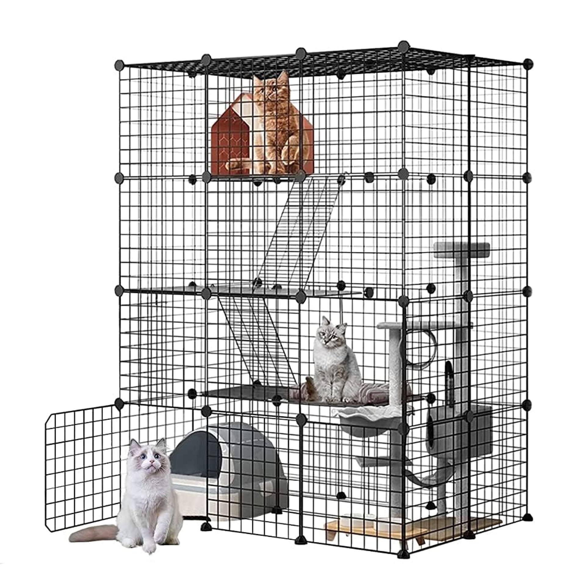 4-Floor DIY Pet Playpen with Door Indoor Cage for Cats, Rabbits & Guinea Pigs Includes Mallet - White 432-Black