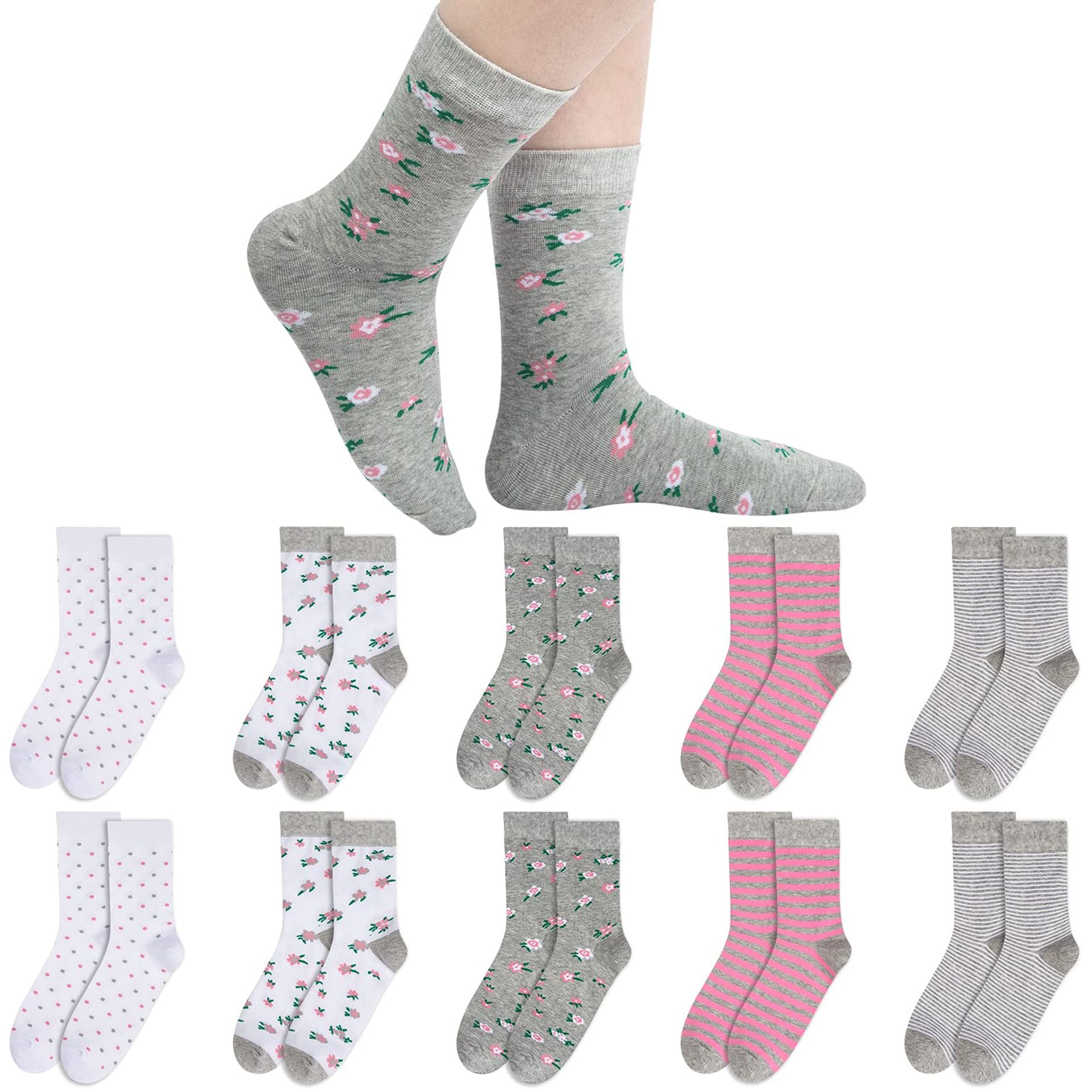 Chalier 10 Pairs of Women's Socks - Soft, Patterned Stripes & Spots, One Size Fits Most