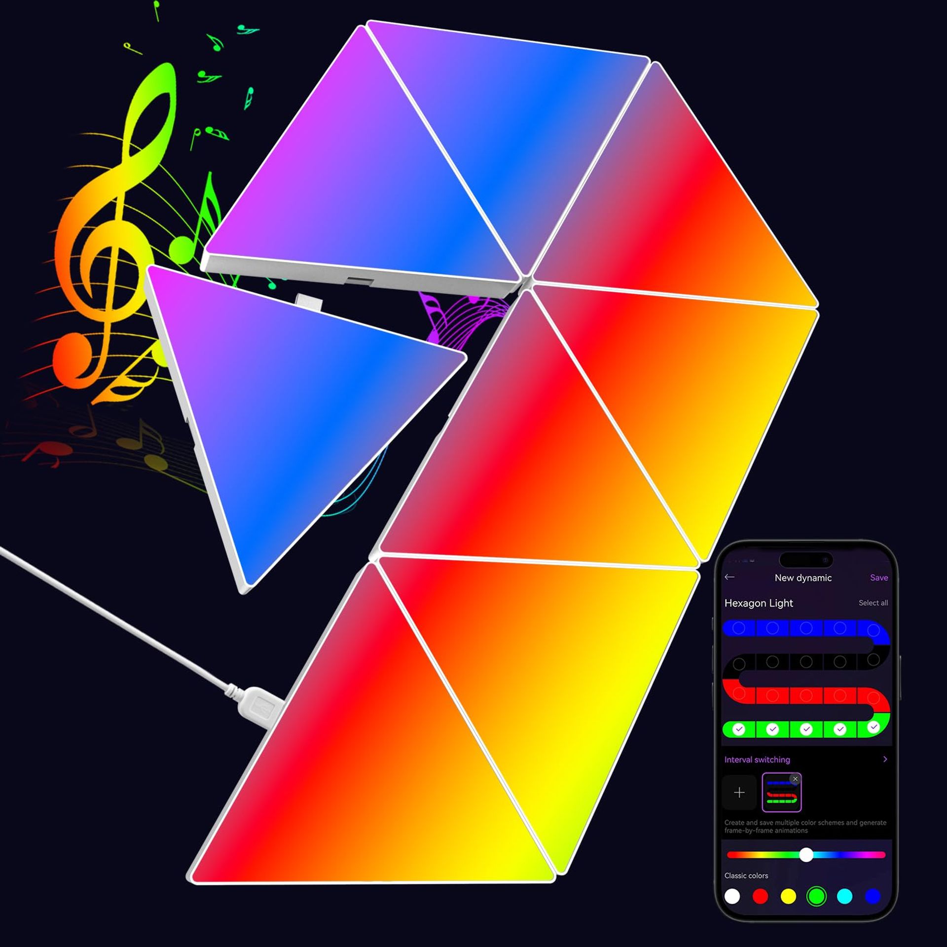 Large Triangle RGB LED Light Panels - 8 Pack Smart Wall Lights with Music Sync for Gaming Setup, Bedroom & Bar Décor
