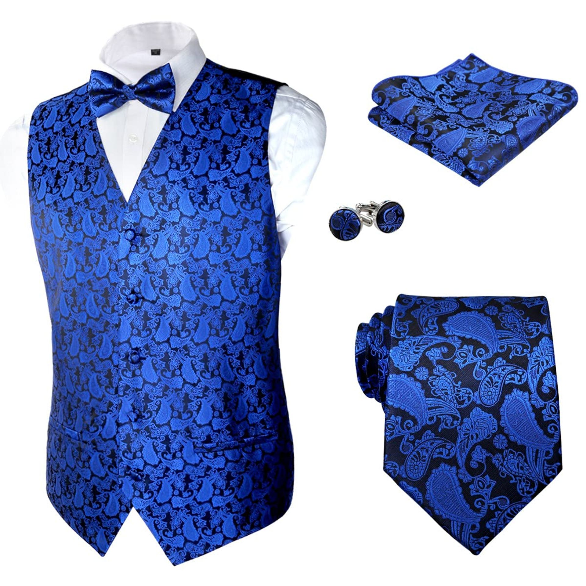 Men's 5 Piece Paisley Jacquard Suit Vest Set with Tie, Bow Tie, Pocket Square and Cufflinks - Royal Blue L
