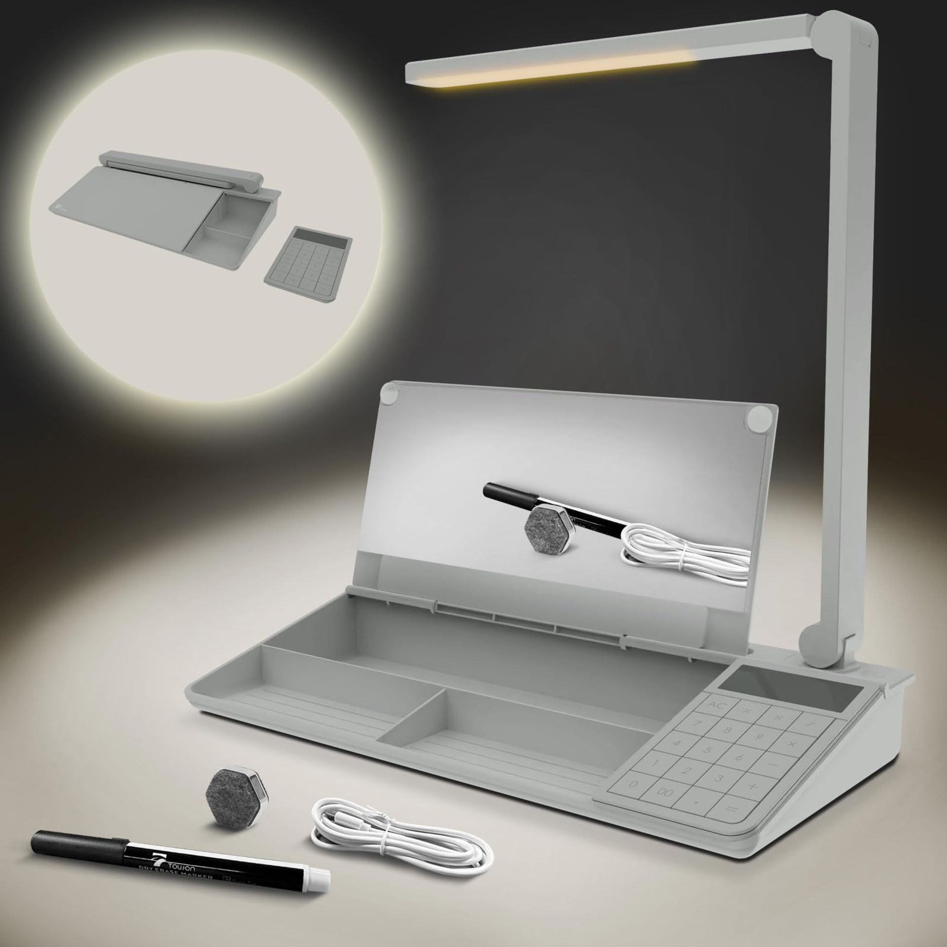 Desktop Glass Whiteboard with Calculator and Lamp, 12-Digit LCD Display, Organiser Tray & Drawer - Grey Calculator & Lamp