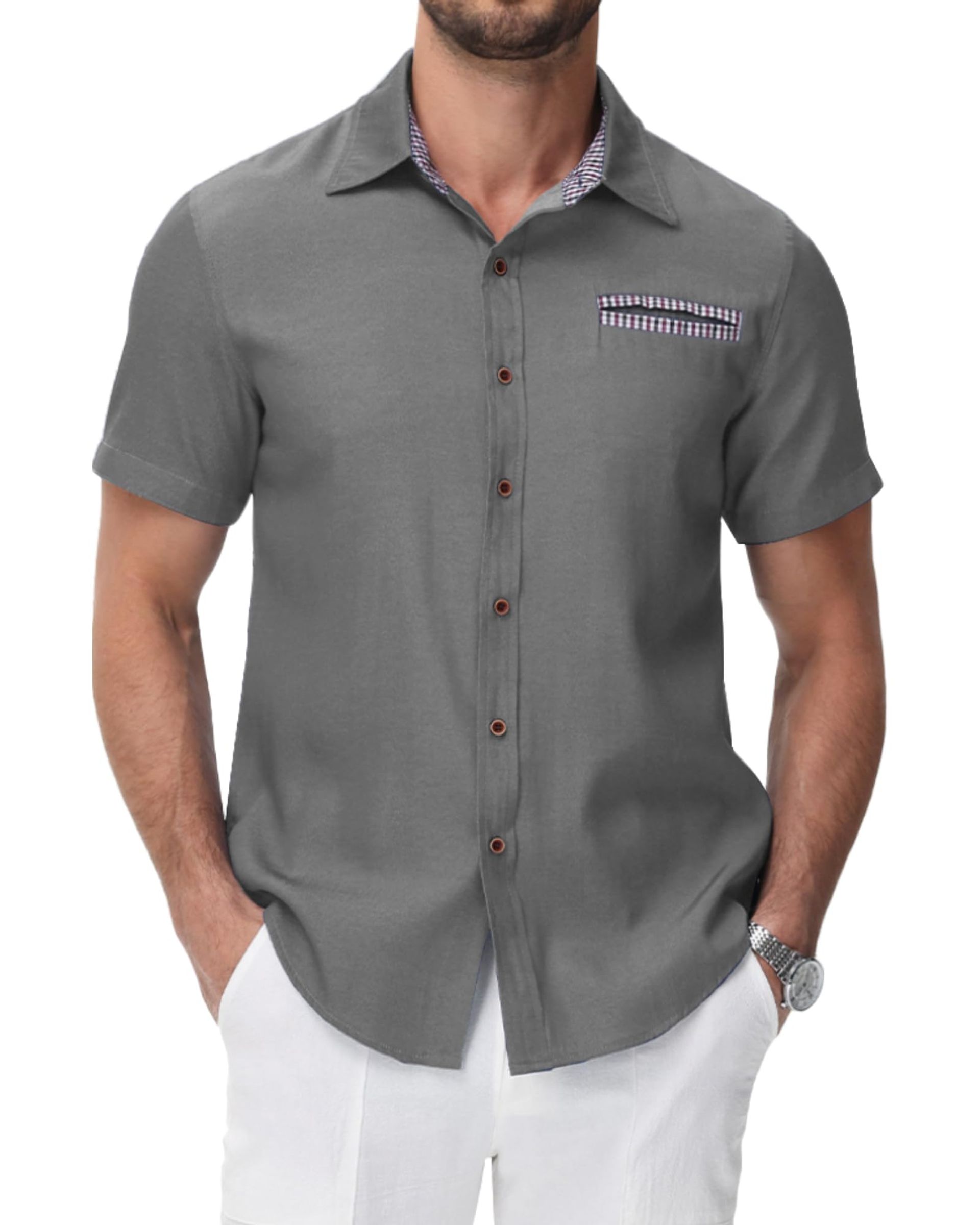 Men's Short Sleeve Denim Shirt Casual Button Down with Chest Pocket Summer Regular Fit - Grey L