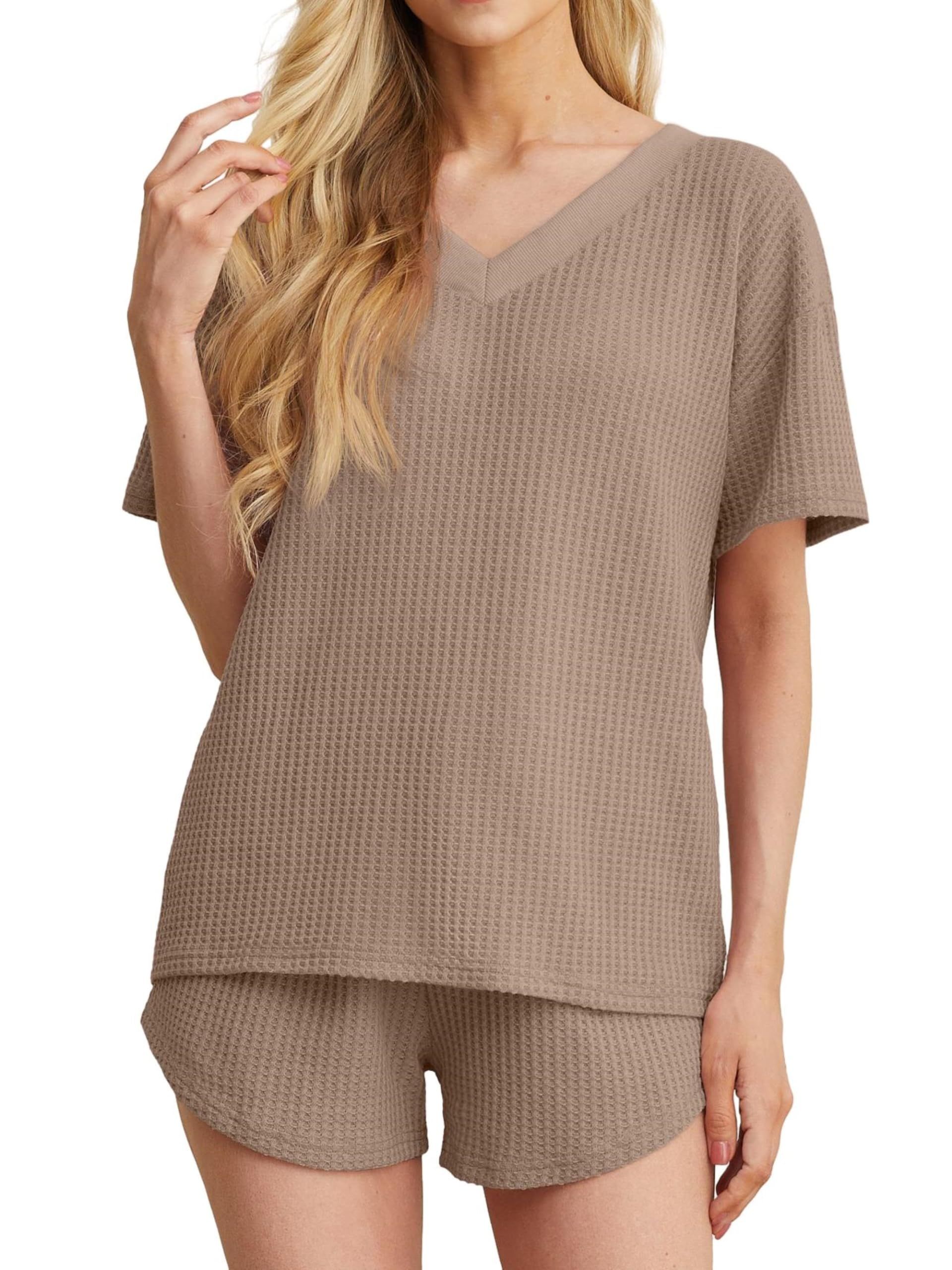 Women's Short Sleeve V-Neck Waffle Knit Pyjama Set - Soft, Loose Fit Lounge Wear in Khaki