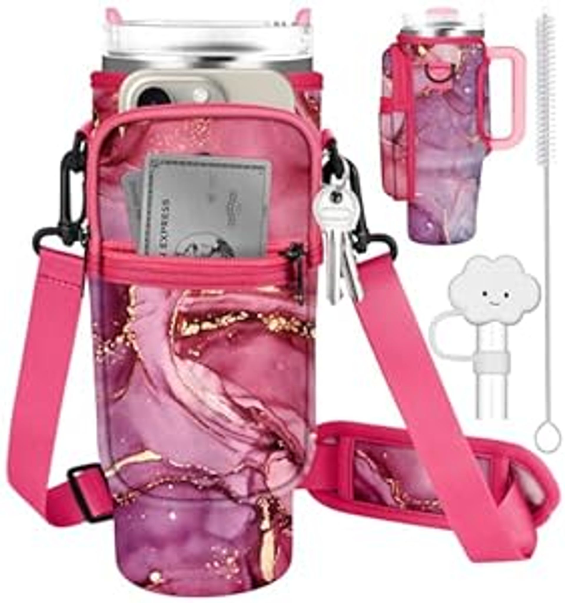 Water Bottle Holder Carrier Bag for 40oz Stanley Bottle Sling with Adjustable Strap, Phone Pocket, Straw Cover & Brush - Pink Marble