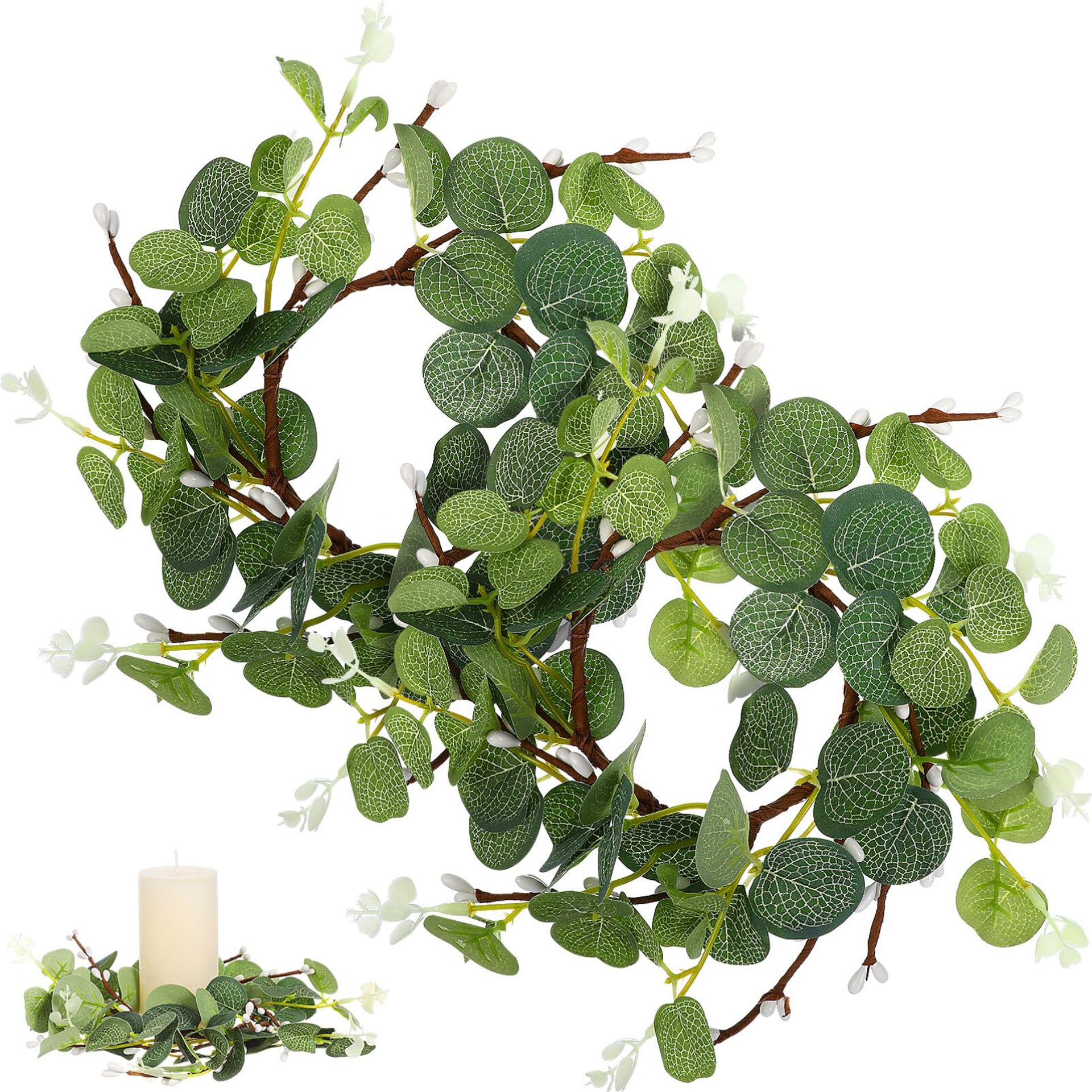 Elegant Artificial Eucalyptus Candle Rings - Boho Décor for Weddings & Home, Set of 2, 8cm