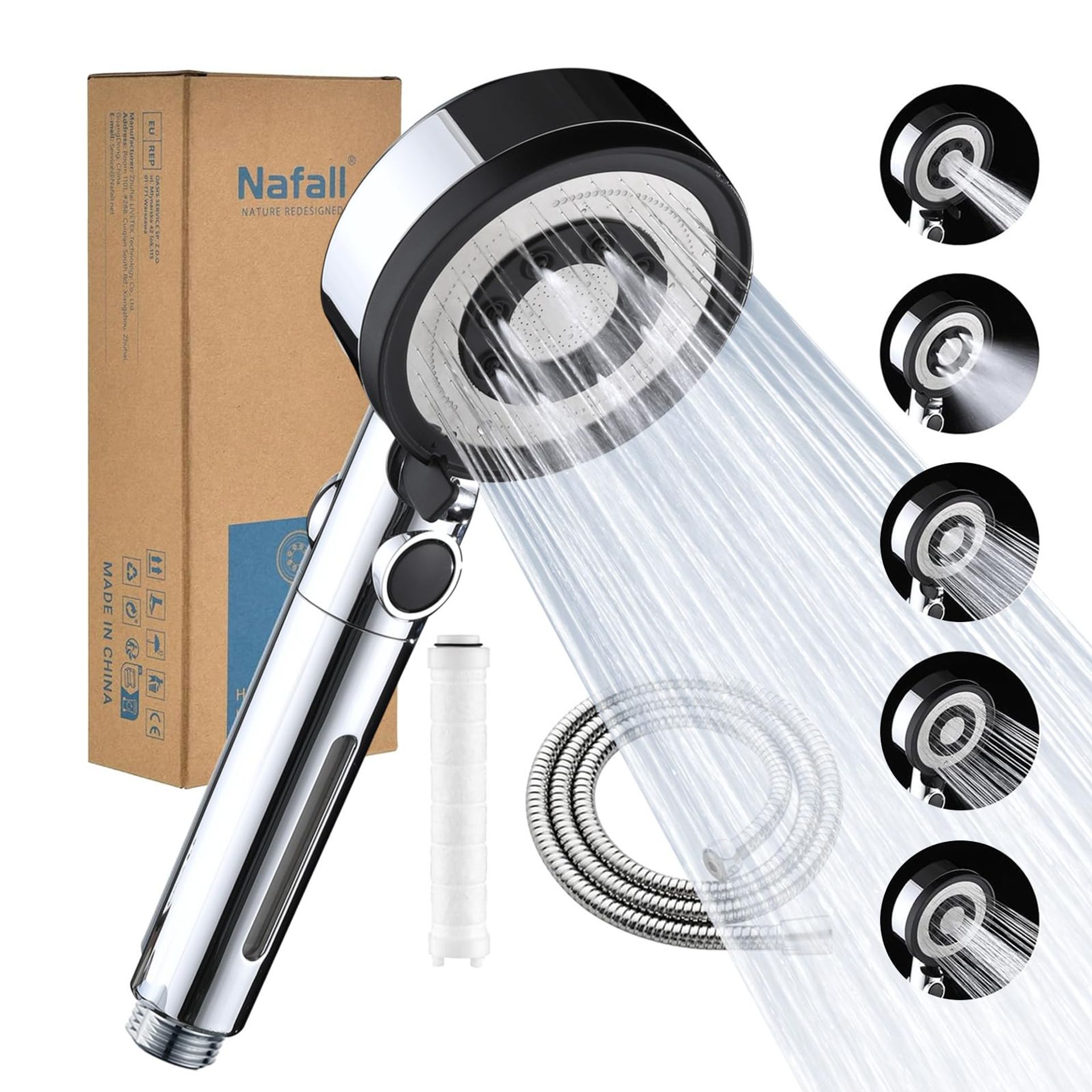 High Pressure Handheld Shower Head 5 Spray Modes with Filter & Pause Switch - Chrome Black With Hose