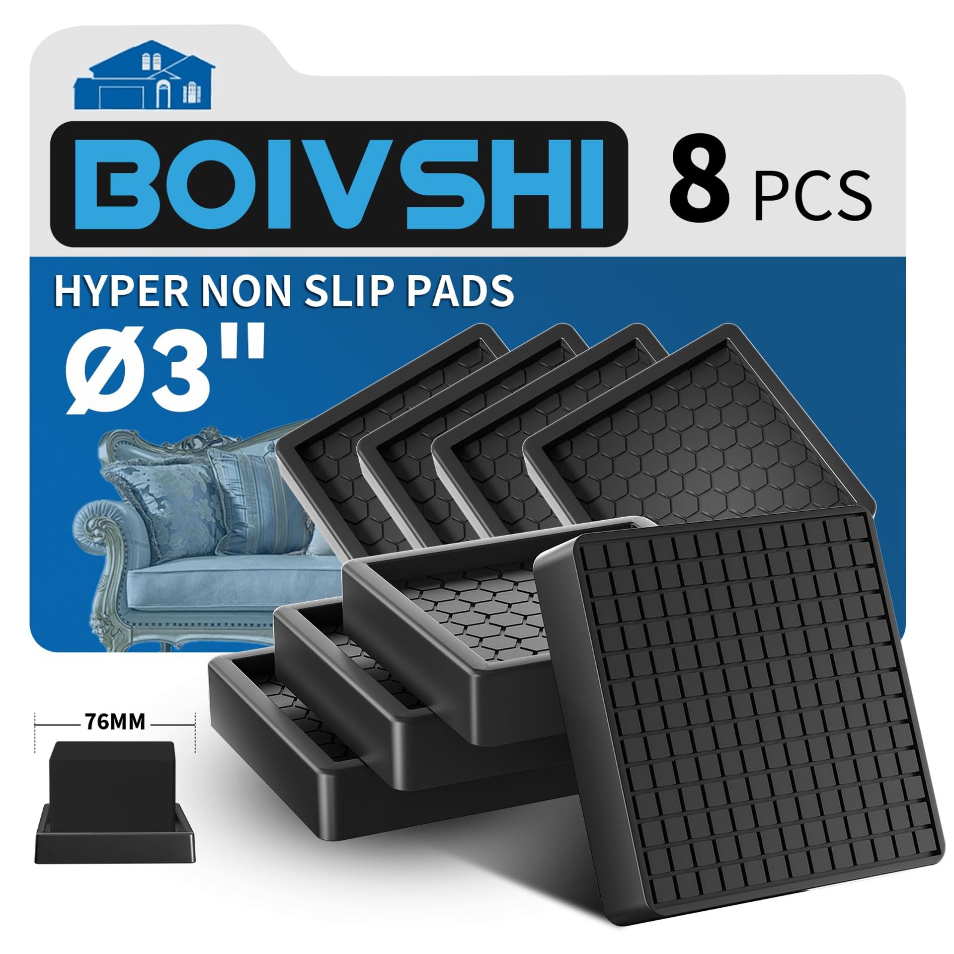 Large Non-Slip Furniture Cups 76mm, Silicone Floor Protectors for Bed & Sofa Feet, Heavy-Duty Rubber Pads Prevent Scratches - 8 Pcs Black