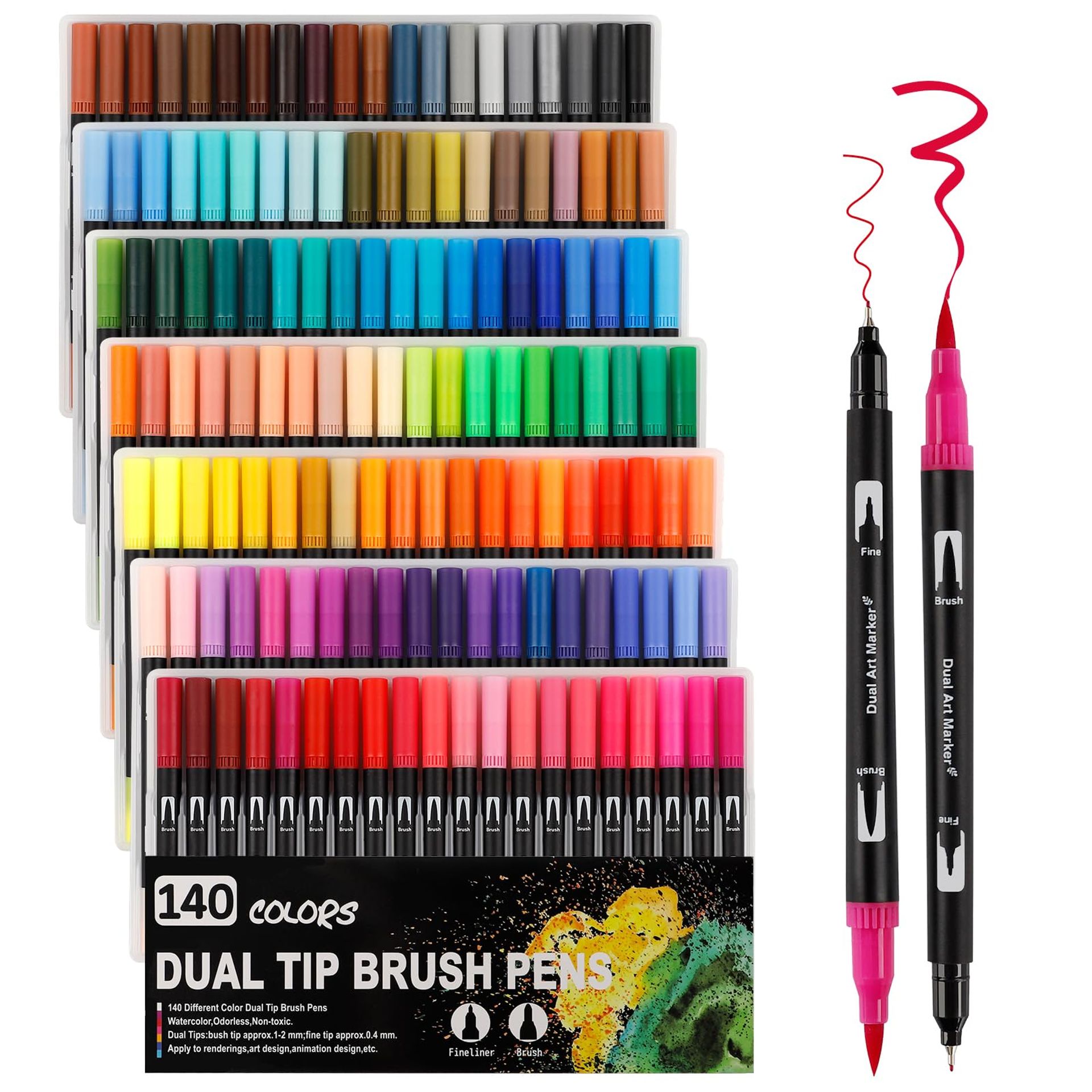 Dual Tip Colouring Pens Brush Pens, 140 Felt Tip Pen Art Markers for Kids and Adults, Fineliner Tip Brush Marke for Drawing Sketching Calligraphy Painting