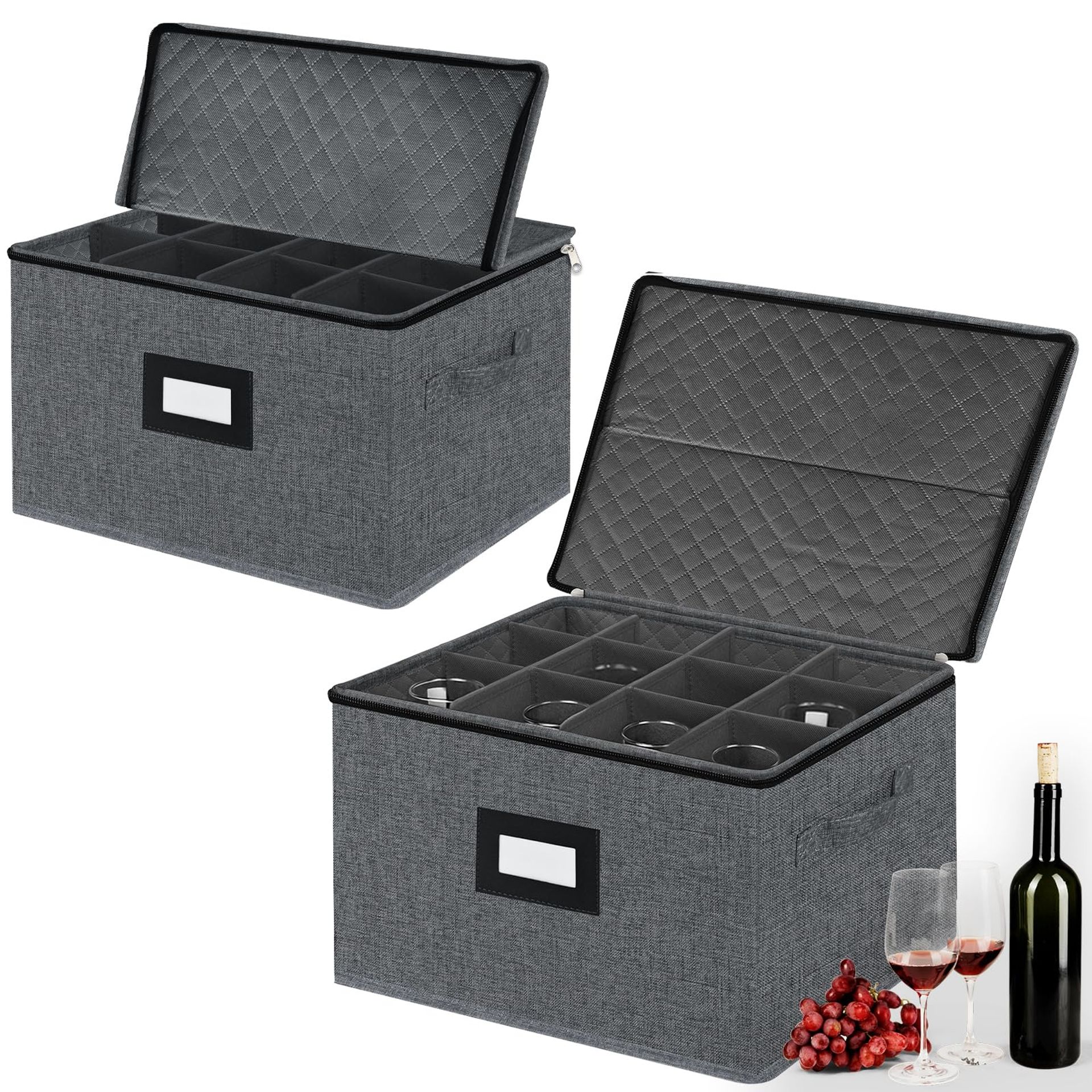 2 Pack Stemware Storage Cases with Hard Shell - Stackable Glassware Containers with Handles, Labels & Protection - Dark Grey