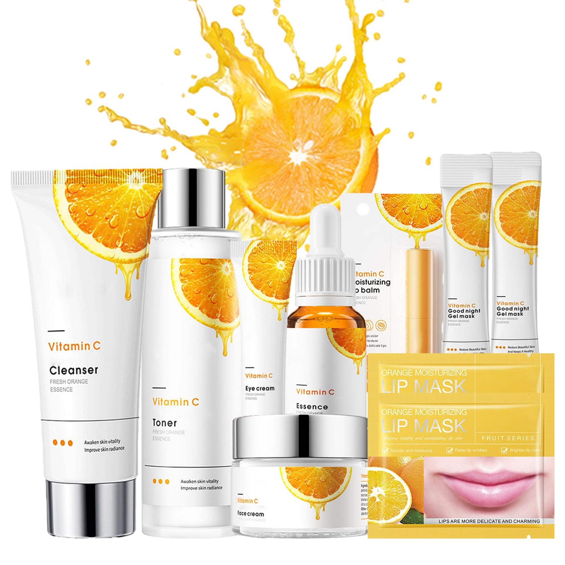Vitamin C Skincare Set for Teenage Girls - 10 Piece Natural Vegan Kit with Cleanser, Serum, Eye Cream & More