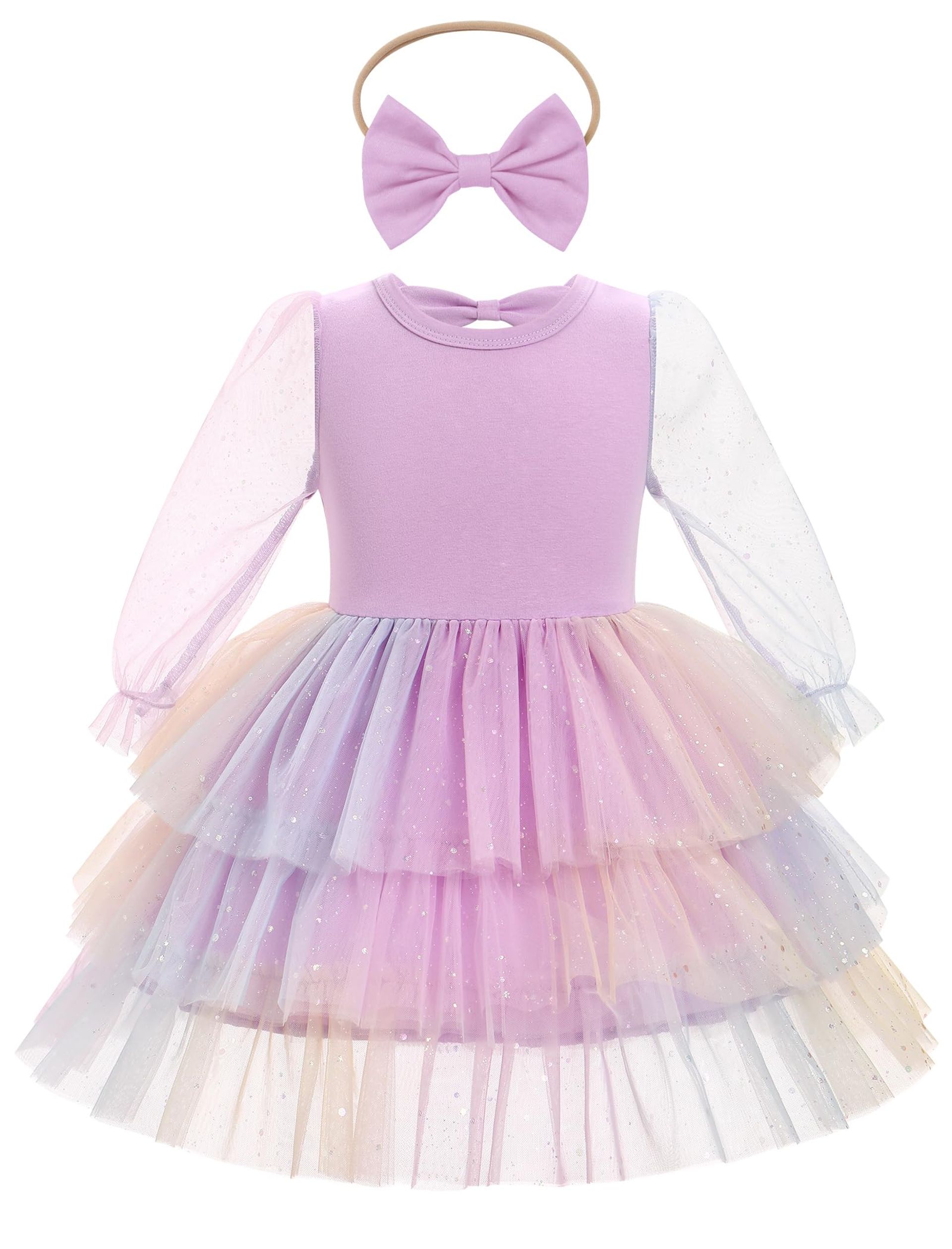 Baby Girl Valentine's Day Party Dress Long Mesh Sleeve Tulle Ruffle with Headband - Purple-Stars 9-12 Months
