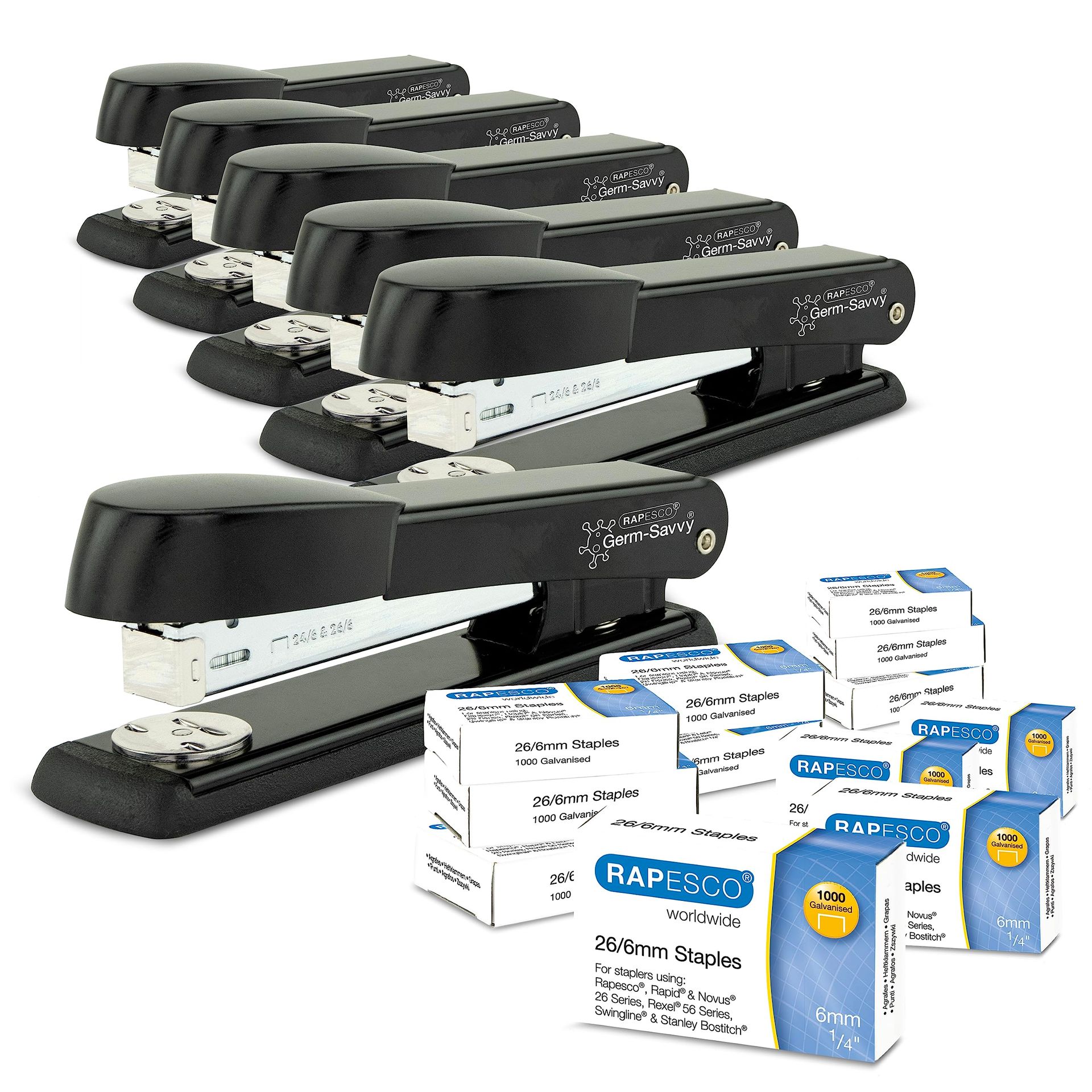 Business Pack of 6 Germ-Savvy Antibacterial Marlin Staplers with 25 Sheet Capacity and 12 Boxes of 26/6 mm Staples - Black 1733