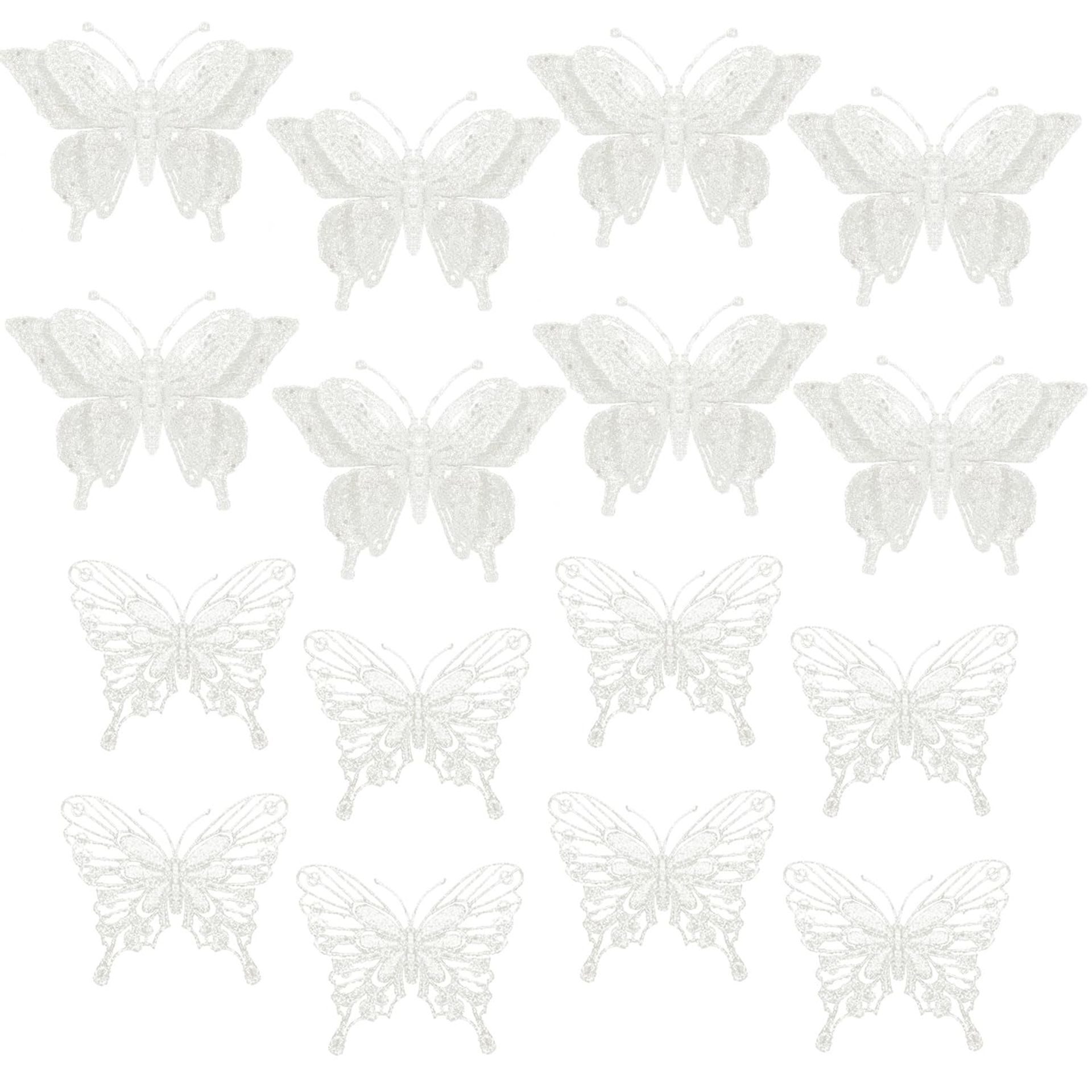 16pcs White Glitter Butterfly Ornaments with Clips for Christmas Tree Décor & Weddings