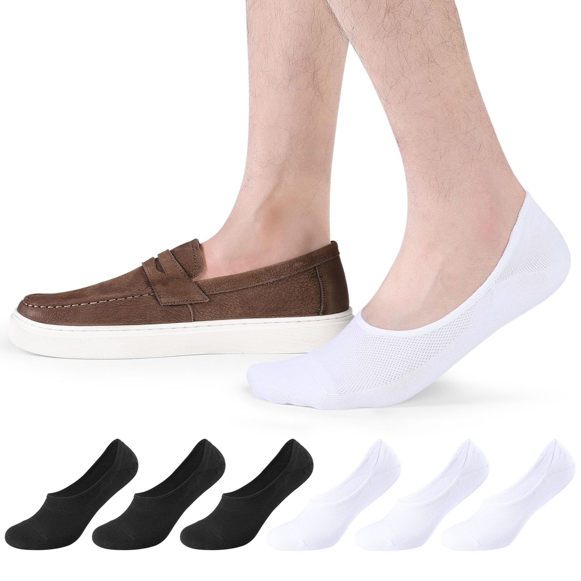 Men's Loafer Socks 6 Pairs Low Cut No Show Cotton Trainer Socks with Non-Slip Silicone Grip - 3Black3White Size 5-9