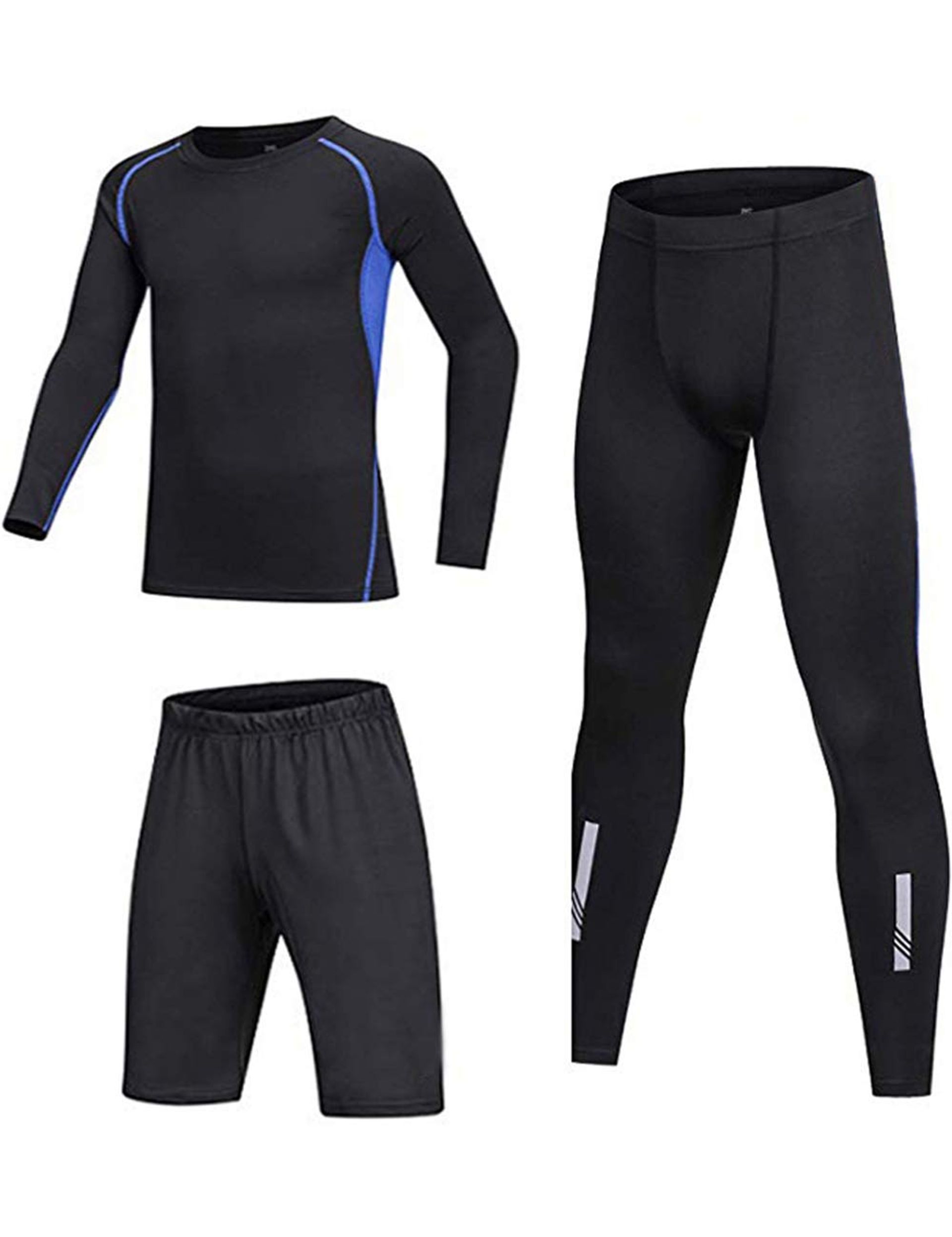 Kids Boys 3 Piece Compression Base Layer Thermal Sports Set Long Sleeve Top & Bottom - Blue S