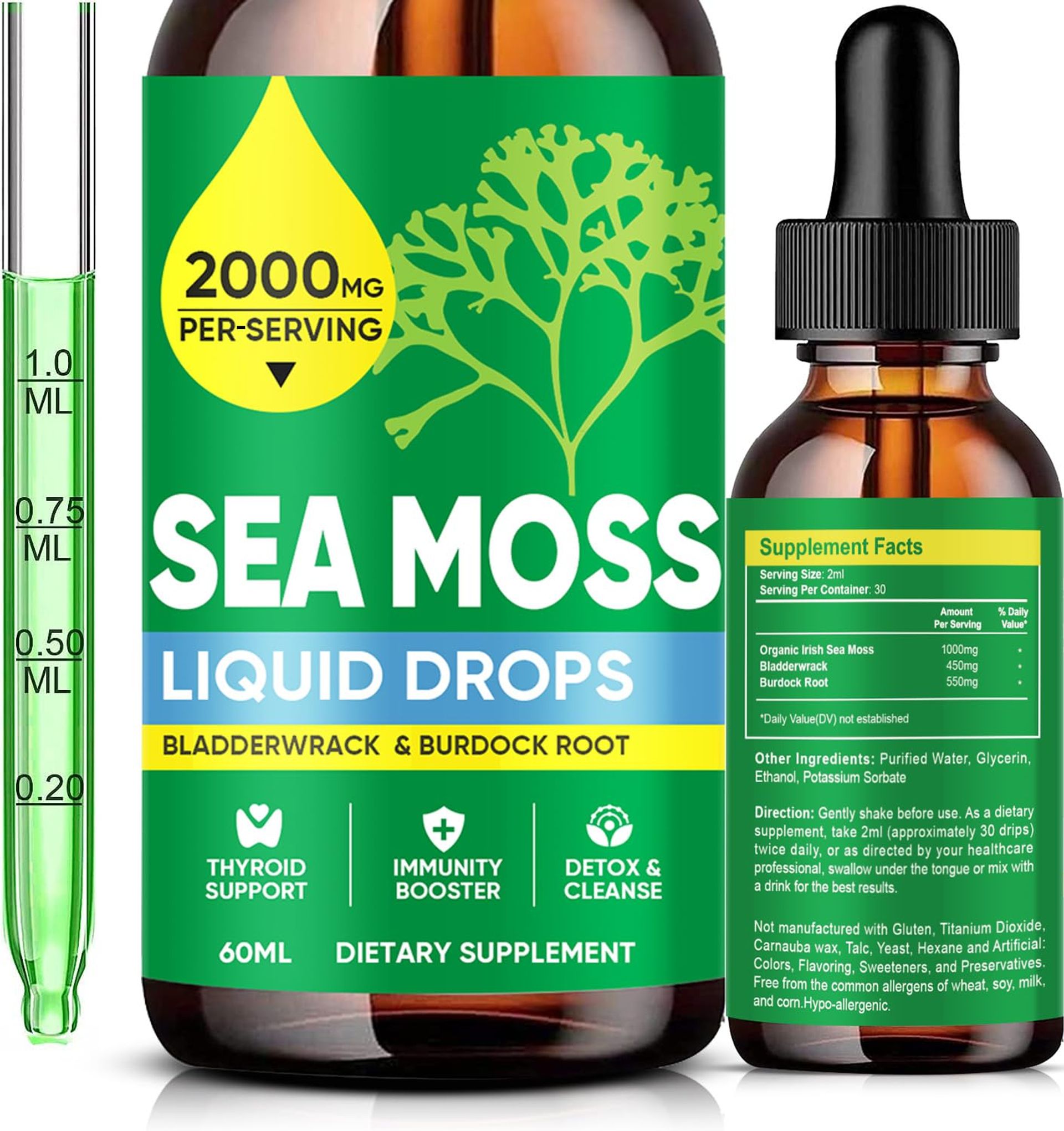 Organic Sea Moss Drops 2000MG with Burdock & Bladderwrack - Boost Gut & Immune Health, Improve Digestion