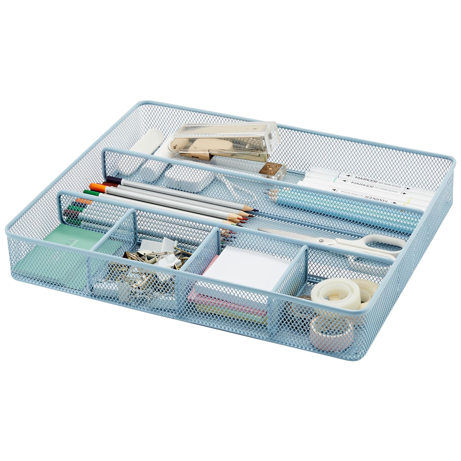 Morandi Blue Metal Mesh Desk Drawer Organizer with Dividers for Pens & Office Supplies